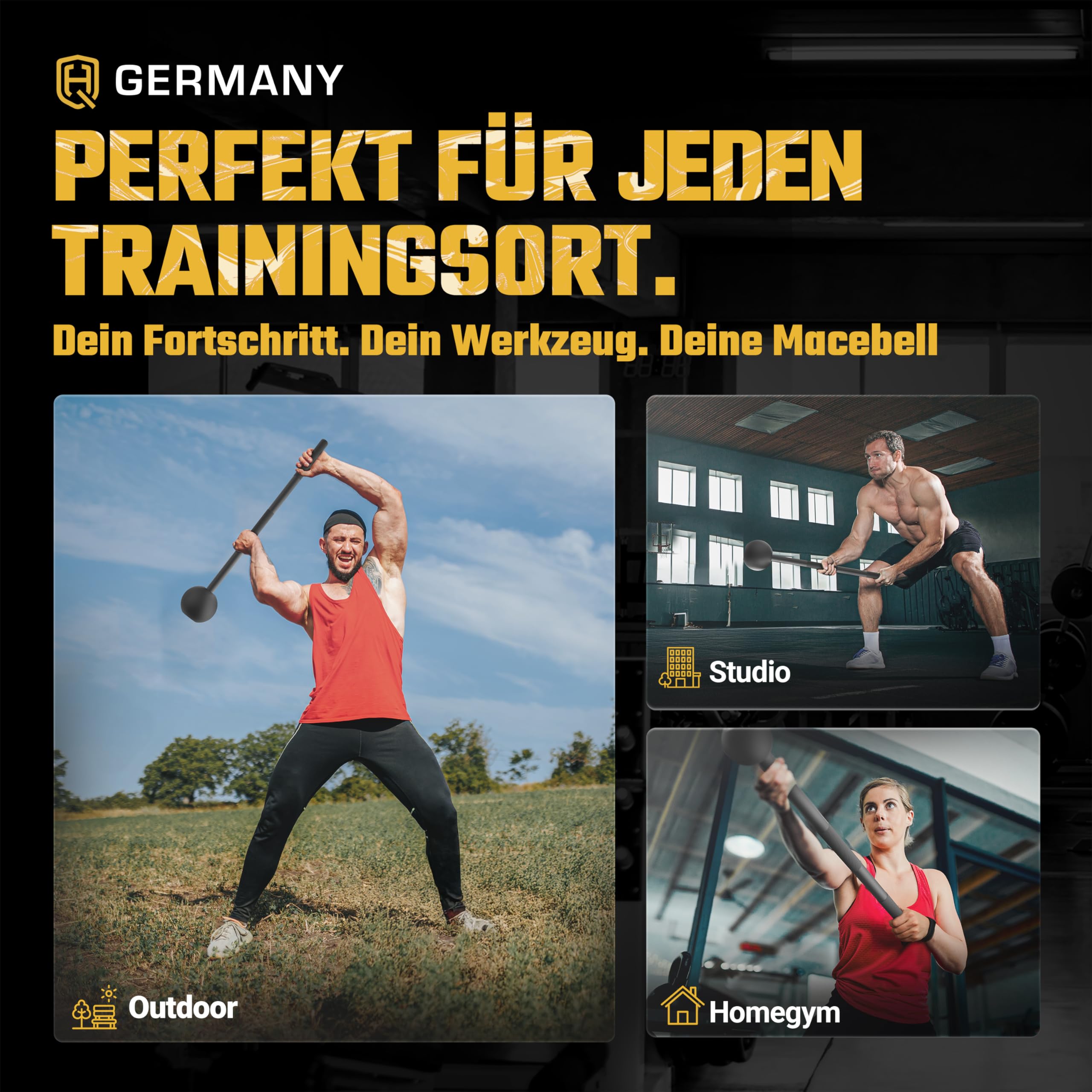 HQ Germany® Macebell 2-10kg [100% Stahl] - Steel Mace, Gada, Clubbell | Massiv verschweißt aus einem Stück, ±200g kalibriert, langlebige Pulverbeschichtung, genormte Maße, griffiges Knurling