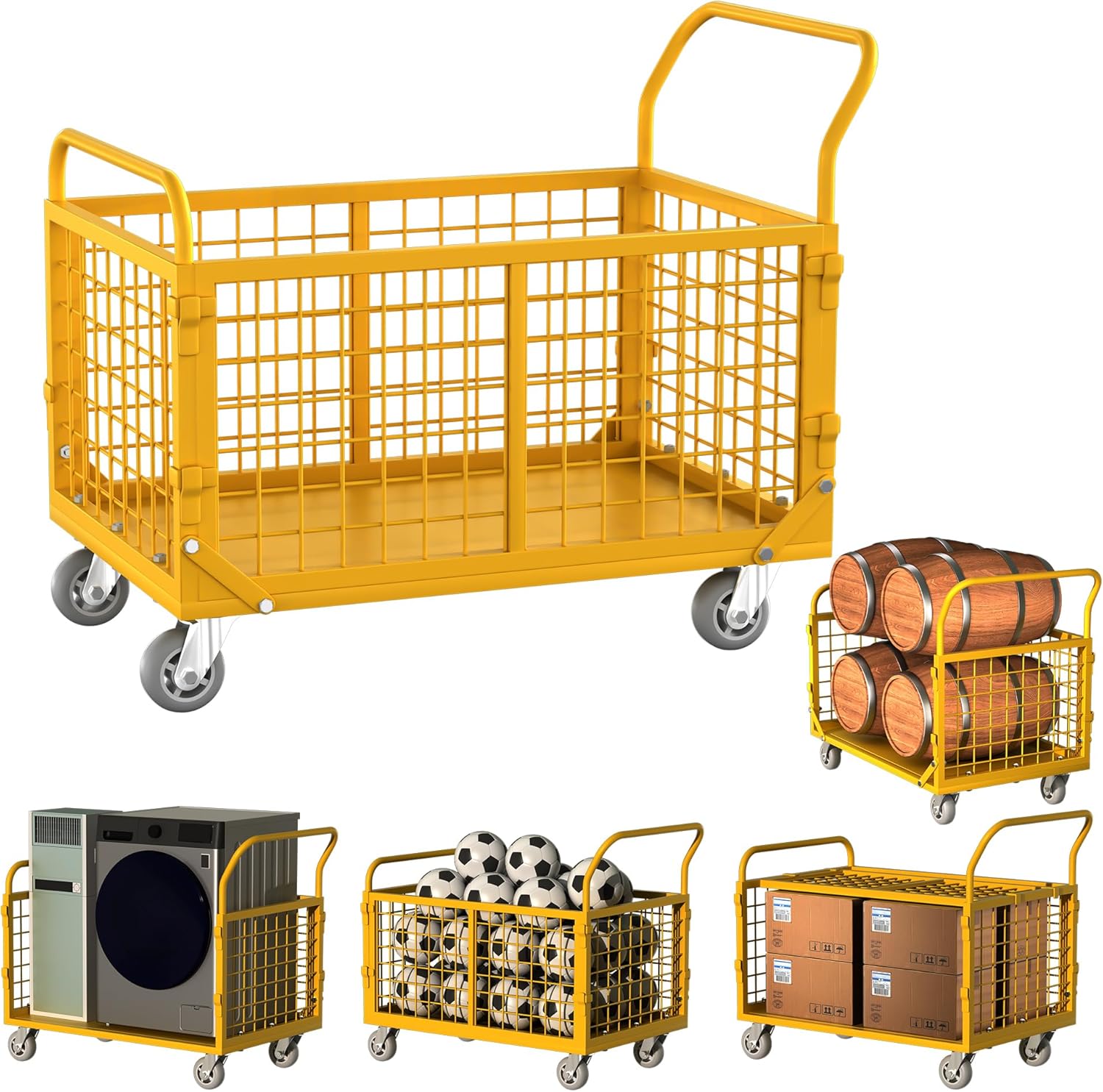 Platform Truck with Cage,5-in-1 Collapsible Heavy-Duty Push Cart Dolly Load 1800 LB,Large Flatbed Hand Truck for Grocery/Laundry/Stall/Storage