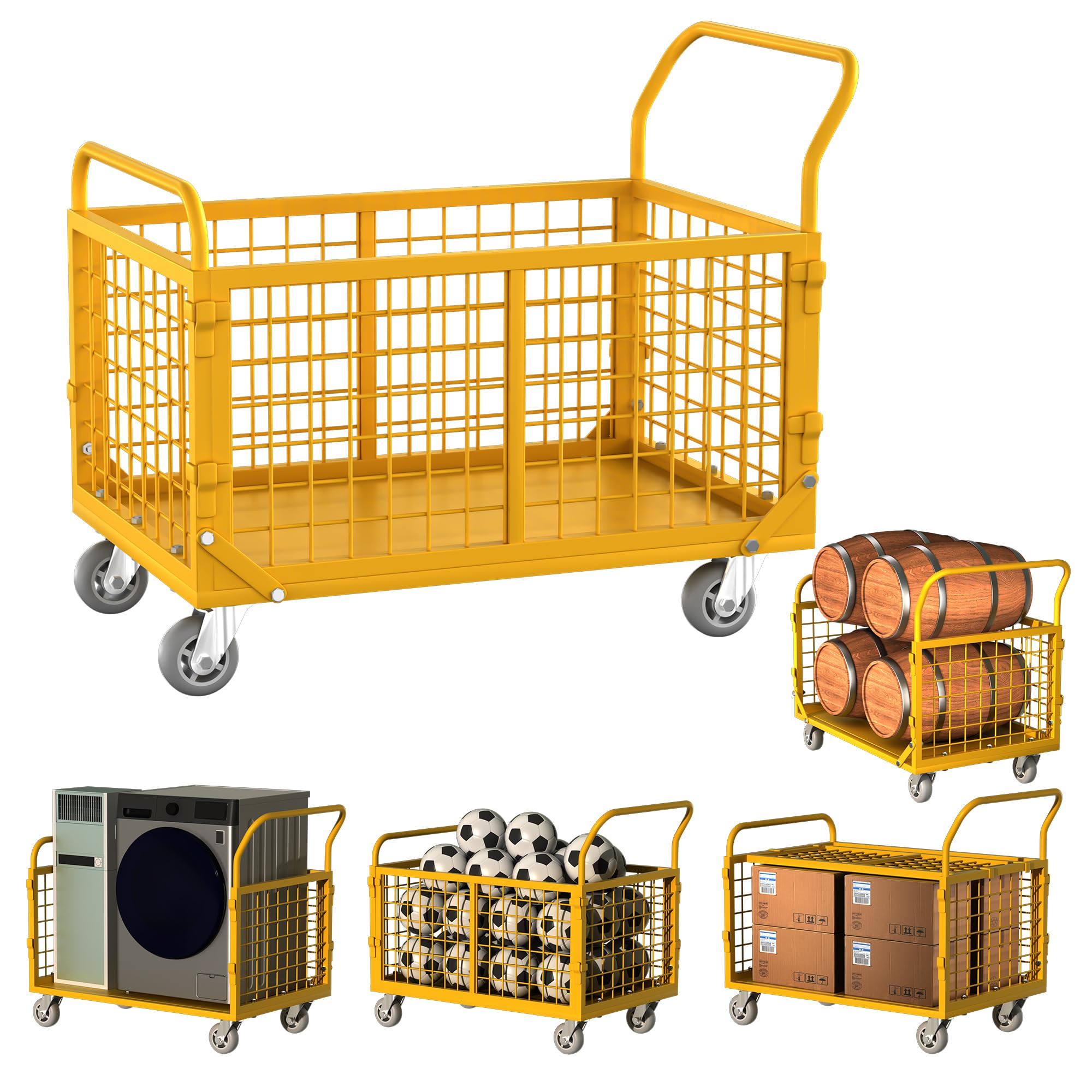 Platform Truck with Cage,5-in-1 Collapsible Heavy-Duty Push Cart Dolly Load 1800 LB,Large Flatbed Hand Truck for Grocery/Laundry/Stall/Storage