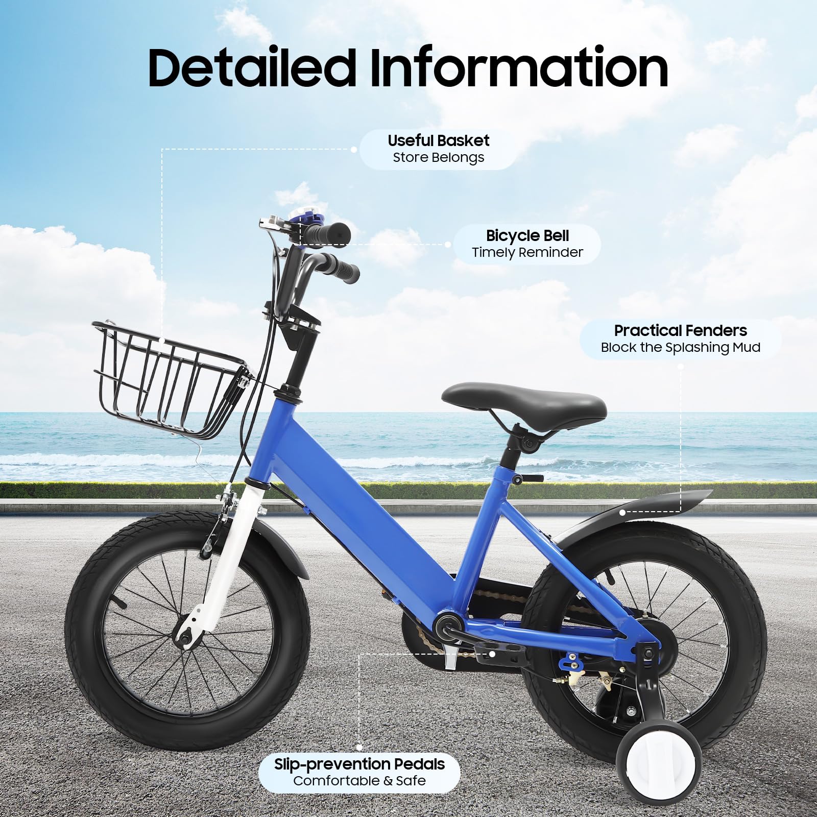Vélo enfant 14 pouces pour garçons et filles à partir de 3 à 7 ans, vélo amélioré avec roues stabilisatrices et panier, hauteur réglable, pour garçons et filles, bleu
