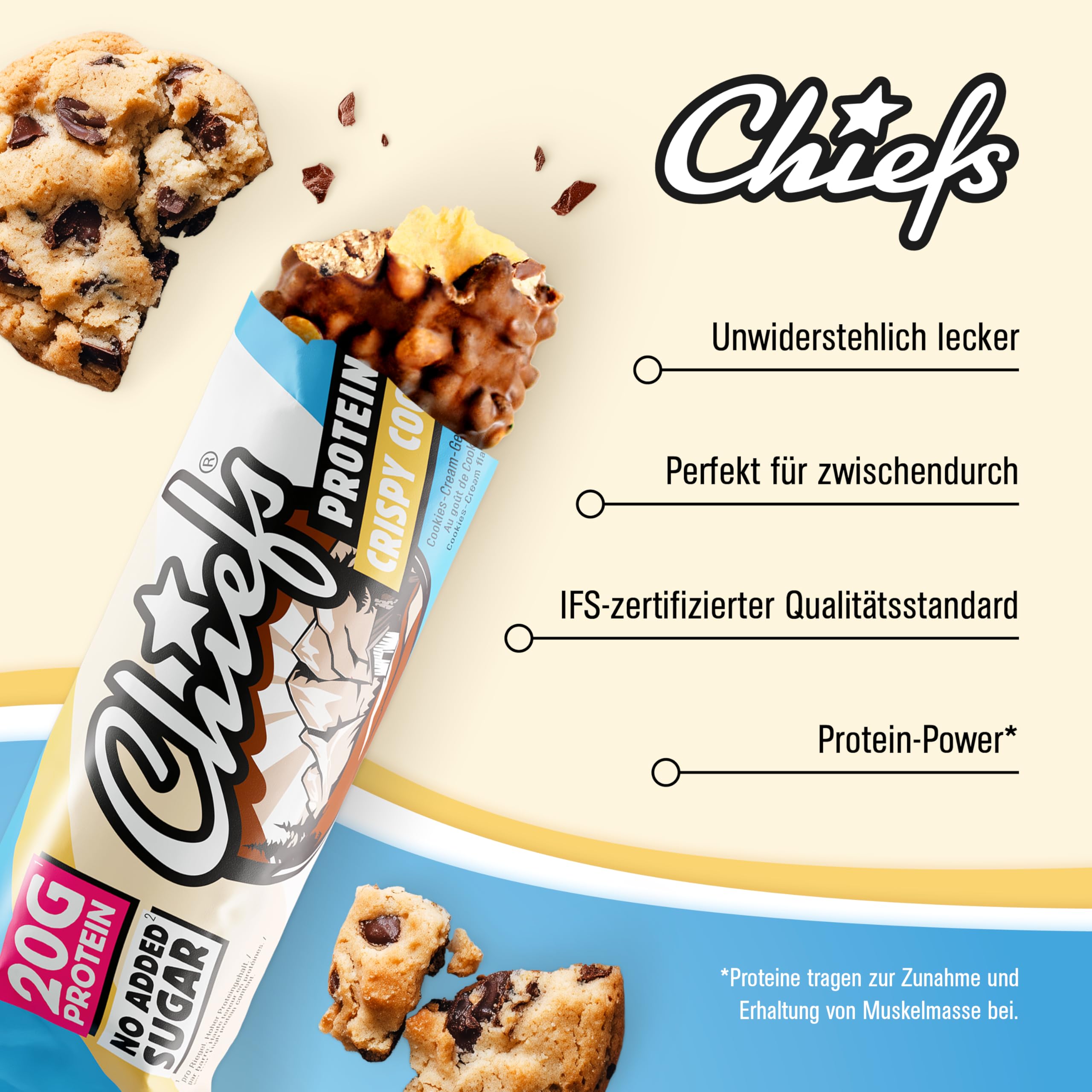 CHIEFS High Protein Riegel - knuspriger Crispy Cookie Geschmack - 12er Box - 20g Protein - perfekte Snacks ohne Zuckerzusatz - Low Sugar - 55g Eiweißriegel ohne Palmöl