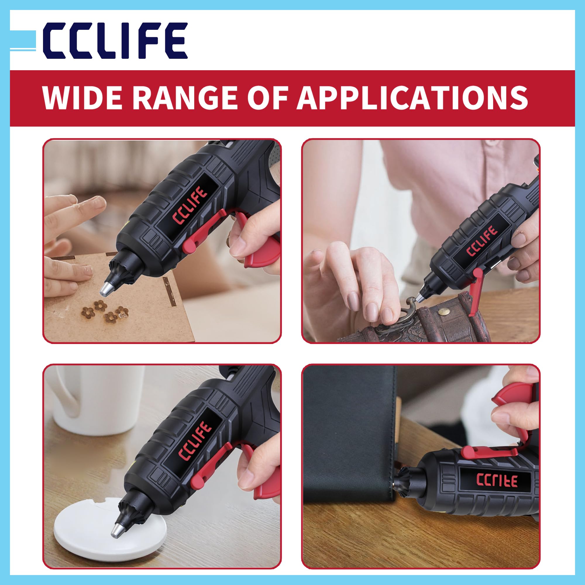 CCLIFE Pistola de pegamento caliente, 100 W, 30 barras de pegamento caliente | Válvula de goteo plegable, calentamiento de 3-5 minutos, 10-16 g/min, madera/plástico, cartón, bricolaje