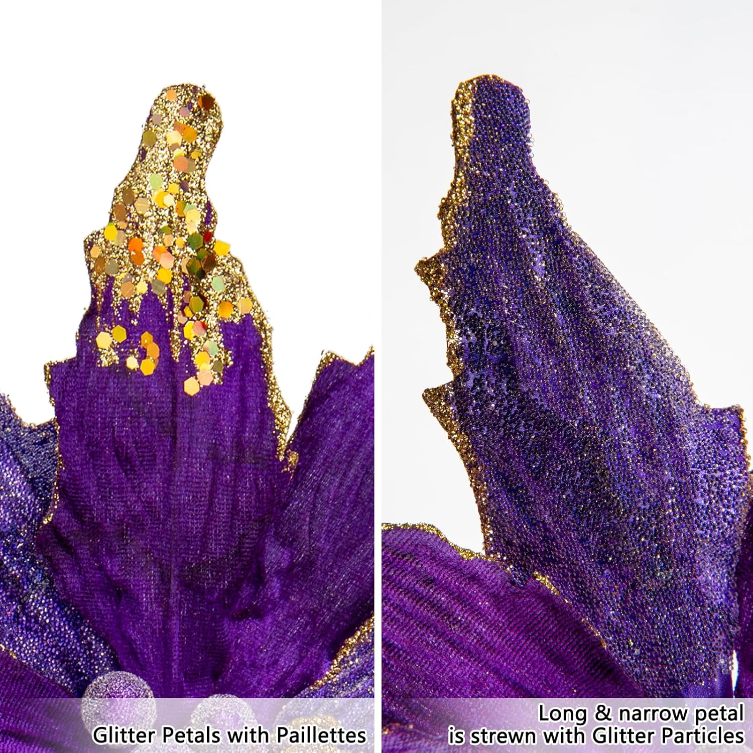 Briful 12'' Large Heads Christmas Glitter Poinsettia Flowers Christmas Tree Ornaments Set of 4 Artificial Flowers with Picks Stems for Xmas Tree Party DIY Holiday Decorations, Purple and Glod