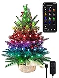 Brizled Smart Mini Christmas Tree, 22.8in DIY Smart-Lit Tabletop Tree with 75 LED RGB Lights, App/Voice Control 159+ Scenes Mini Xmas Tree USB C Music Small Tree Work with PD Power for Fireplace Desk Green 2FT