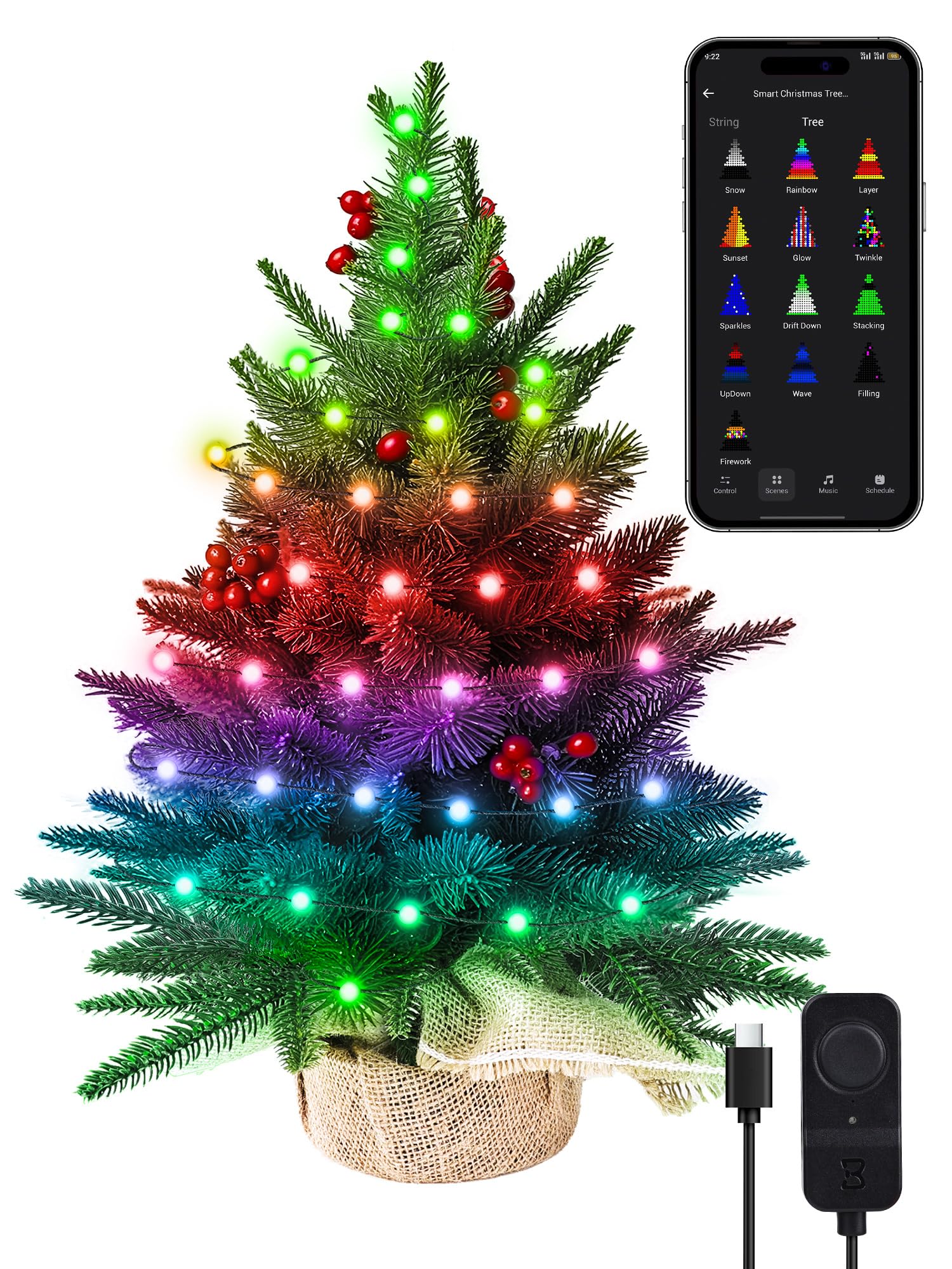 Brizled Smart Mini Christmas Tree, 22.8in DIY Smart-Lit Tabletop Tree with 75 LED RGB Lights, App/Voice Control 159+ Scenes Mini Xmas Tree USB C Music Small Tree Work with PD Power for Fireplace Desk