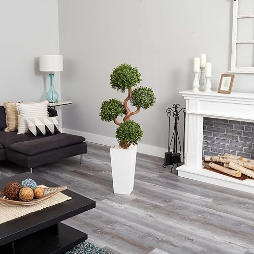 Miniatura 2 de Nearly Natural Árbol topiario artificial de boj de 55 pulgadas con cuatro bolas en maceta blanca alta