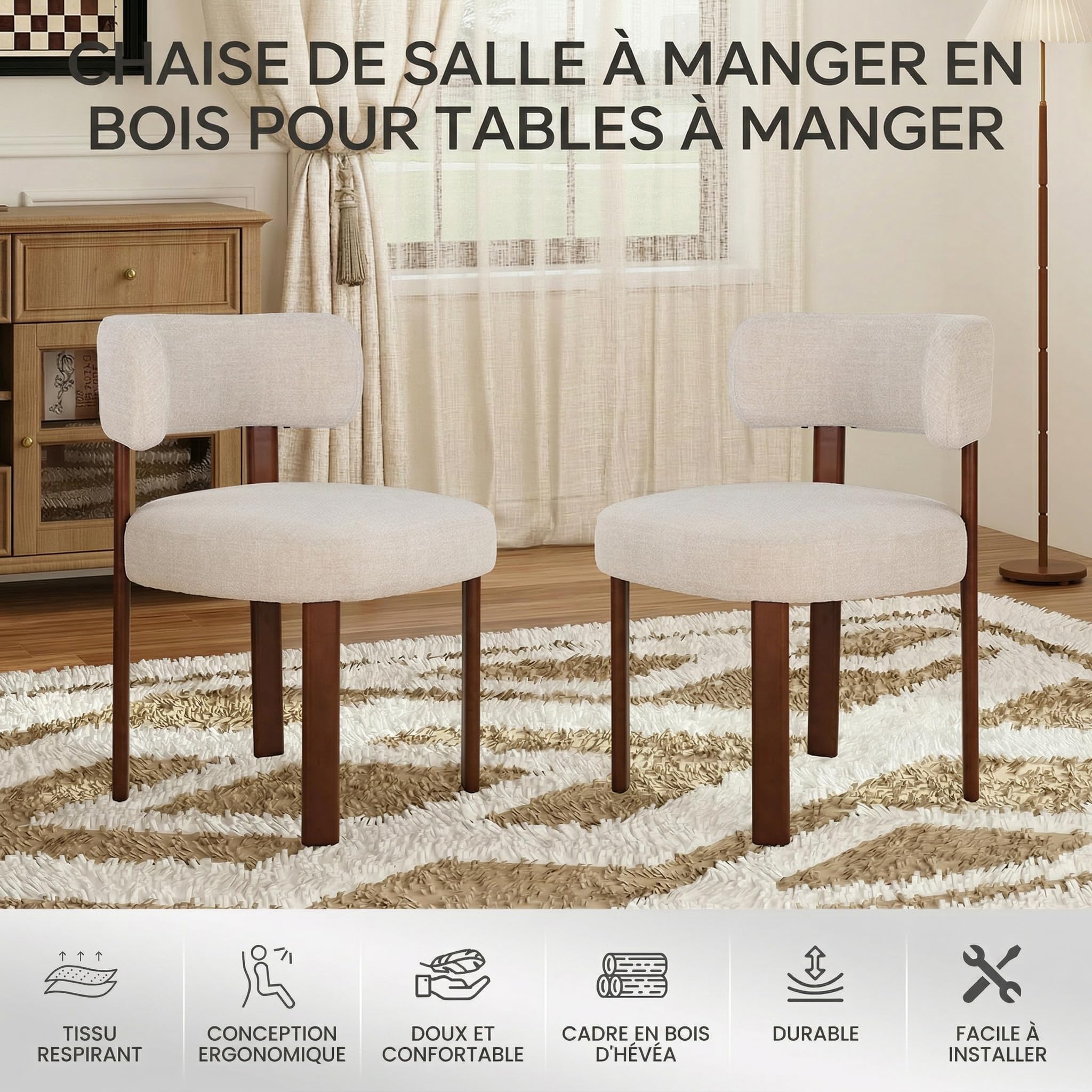 MALOL Lot de 4 chaises de Salle à Manger Design Moderne du Milieu du siècle, Style champêtre Vintage en Sherpa, dossiers incurvés Ouverts, pour Salle à Manger, Restaurant, Avoine