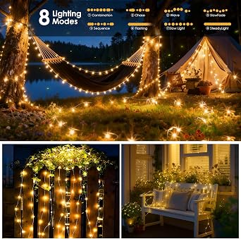 Solar String Lights Outdoor Garden, 2Pack 12M/39FT 120 LED Indoor Outdoor Fairy Lights Solar Powered Garden Light Waterproof, 8 Modes Bright Copper Wire Light for Patio Yard Balcony Party Decor [Energy Class G]