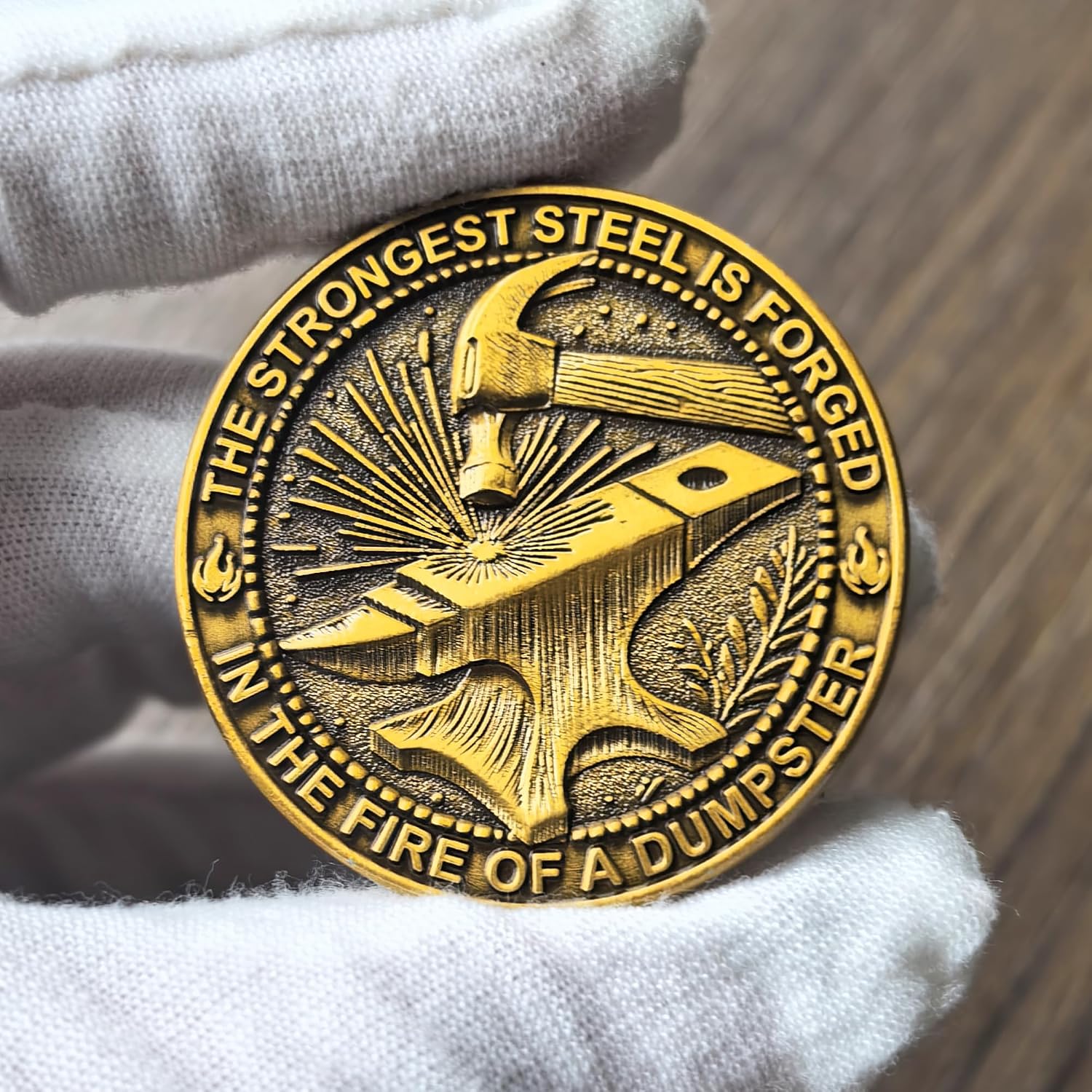 Dumpster Fire Forged Steel High Relief Challenge Coin - Funny Meme Resilience Collectible, Antique Gold Enamel Zinc Alloy Token (1.57")