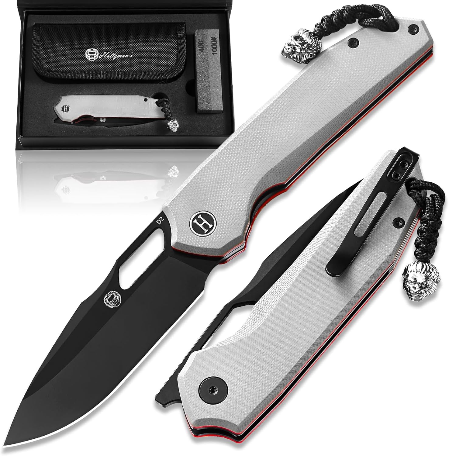 Holtzman's Gorilla Survival Folding Pocket Knife for Men with D2 Steel Blade and G10 Handle - Perfect for Everyday Carry - EDC Gift Set (Black + Dark Grey/Red Liner)