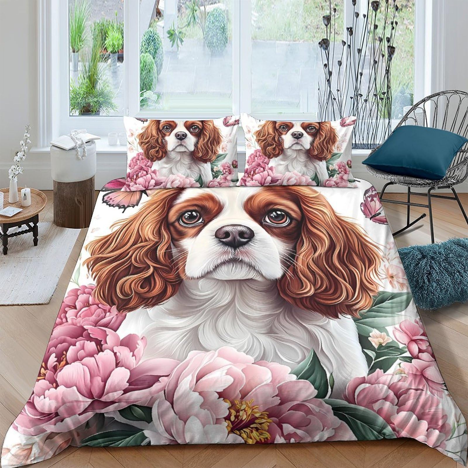 Ctjqhvkz Style-2 3D Printed Cavalier King Charles Spaniel Fitted Sheet Microfiber Floral Bed Cover Anti-Slip Washable Bedroom Dorm Mattress Protector Single（135X200cm）