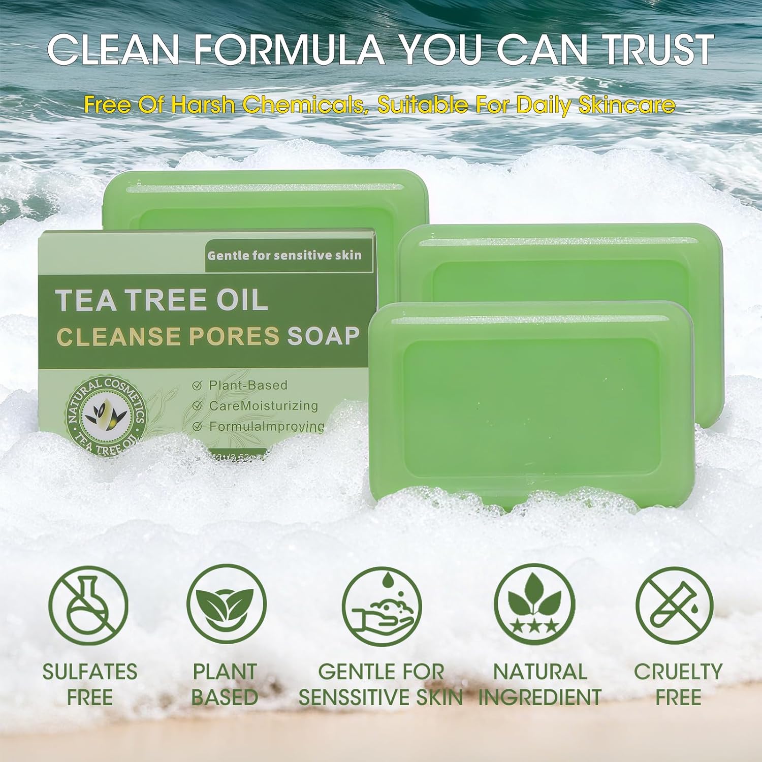 Natural Tea Tree Soap Bar, 3-Piece Set, Plant-Based Formula with Tea Tree & Coconut Oil, Purifying Cleanser for Face & Body, Refreshing & Gentle for Daily Use - Image 5