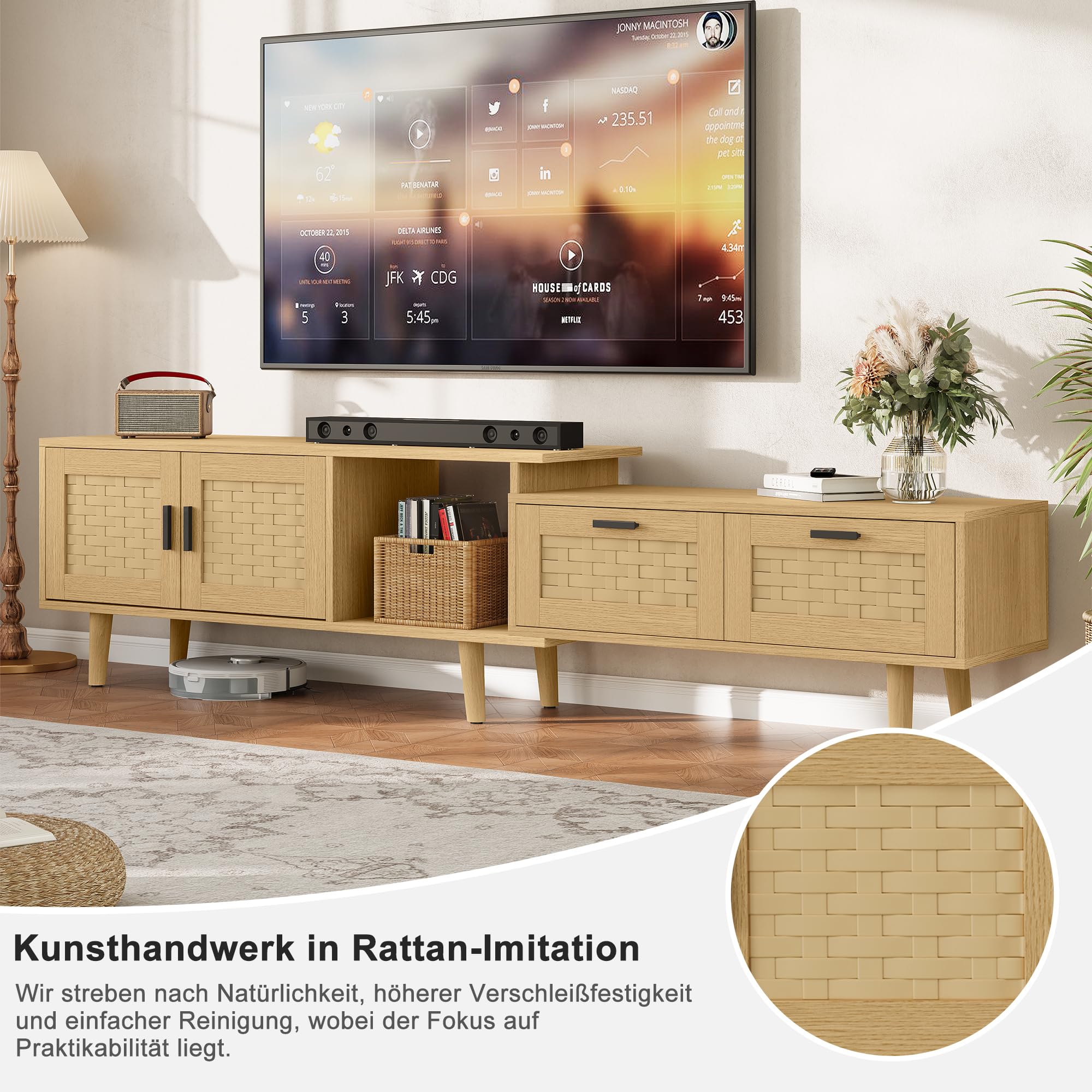 Mobile TV allungabile con 2 ante e 2 cassetti (146-180 cm), TV Lowboard, mobile TV, credenza TV, per soggiorno, camera da letto, TV fino a 75 pollici (rovere)