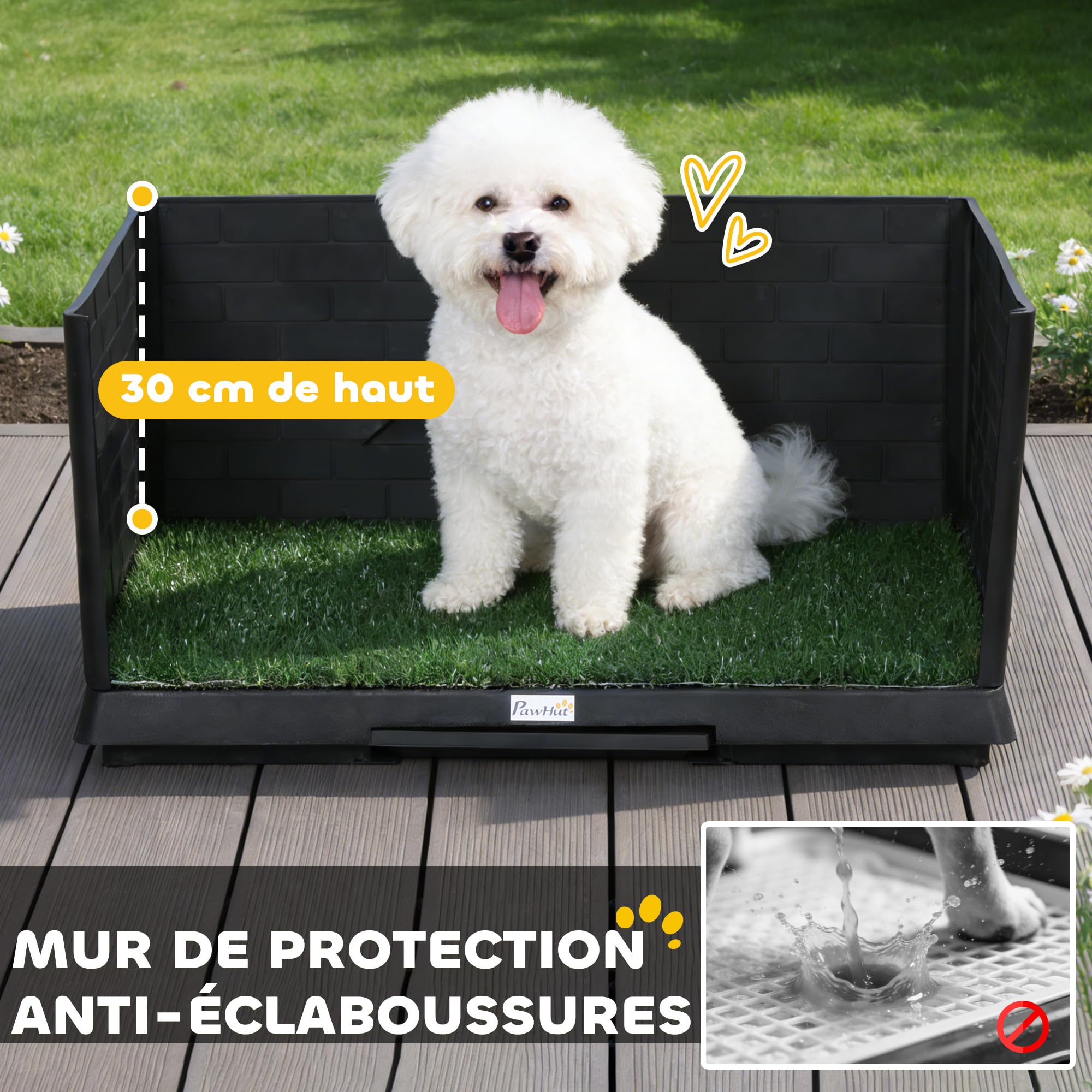 PawHut Toilette pour Chien avec Gazon Artificiel, Parois Hautes et Plateau Coulissant, Bac à Litière pour Chien avec Système de Drainage, 75x51x36,5cm, Noir