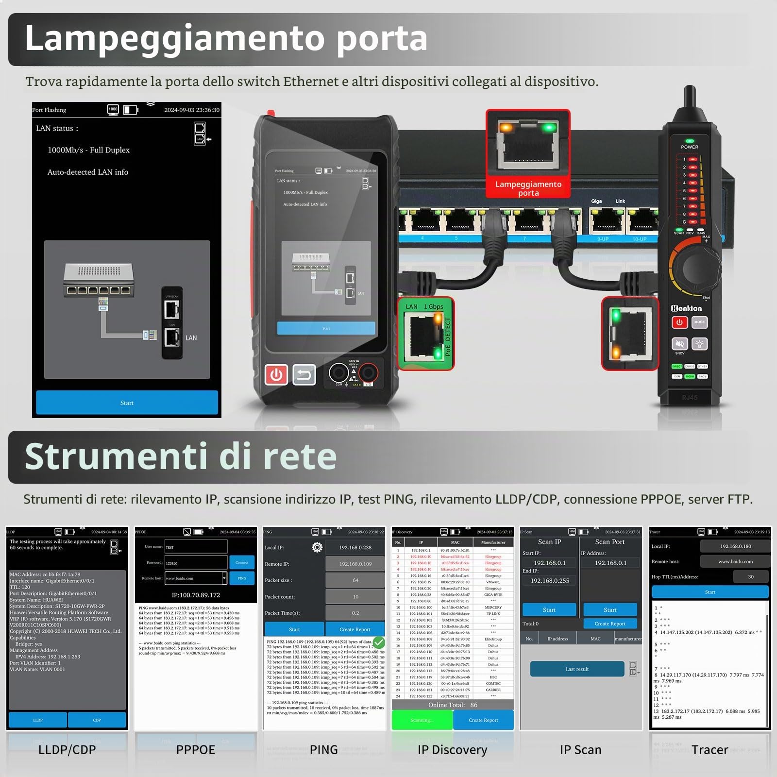 Henkion RJ45 Tester per cavi di rete UTP, rilevatore di cavi Ethernet, touchscreen IPS da 4 pollici, supporta strumenti di rete, multimetro digitale, OPM, rilevamento POE++, RJ45 TDR, lunghezza del