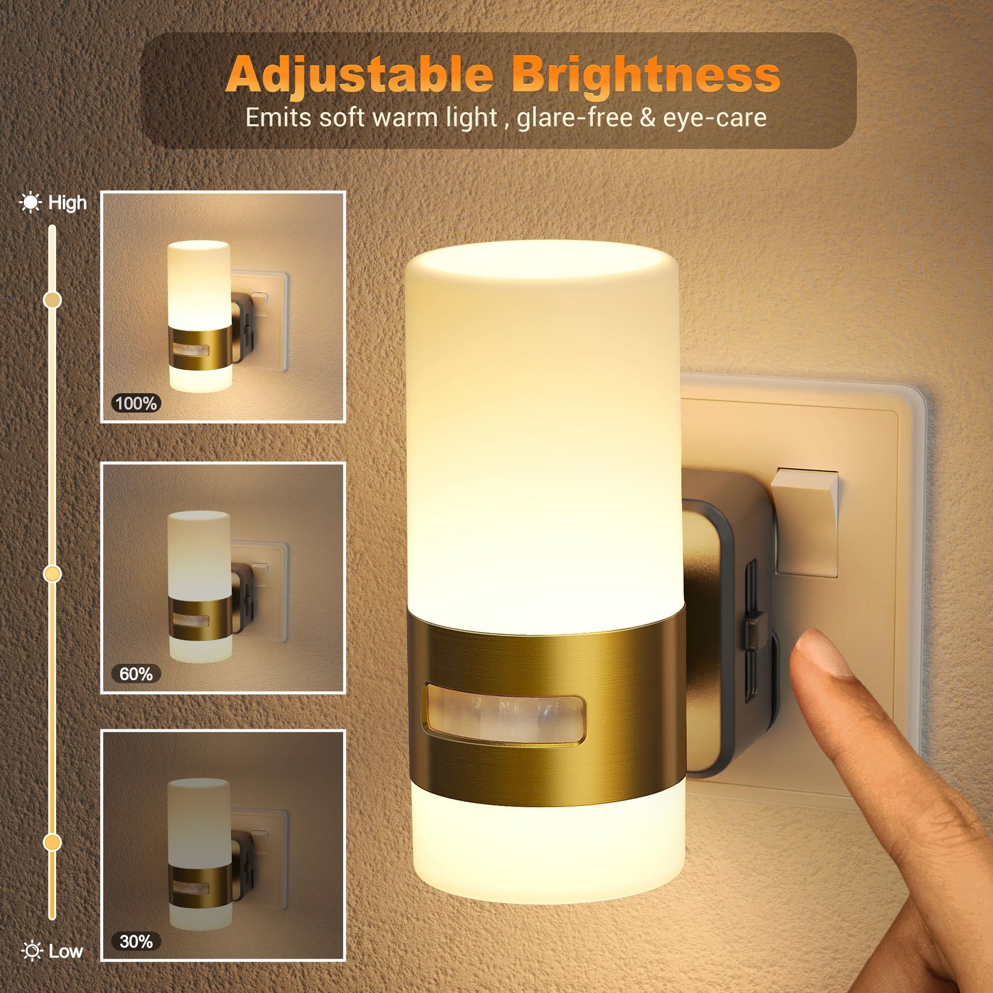 JandCase Motion Sensor Night Light Plug in Wall, Plug in Night Light Dimmable 0-100LM, 3000K Warm White - Image 4