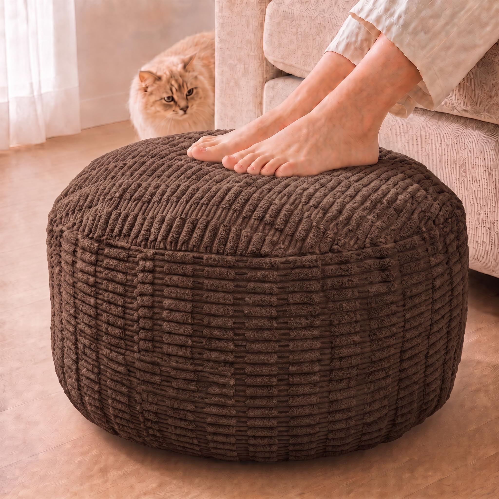 Round Pouf Ottoman, Chocolate Brown, 28"x14", Corduroy Foot Rest