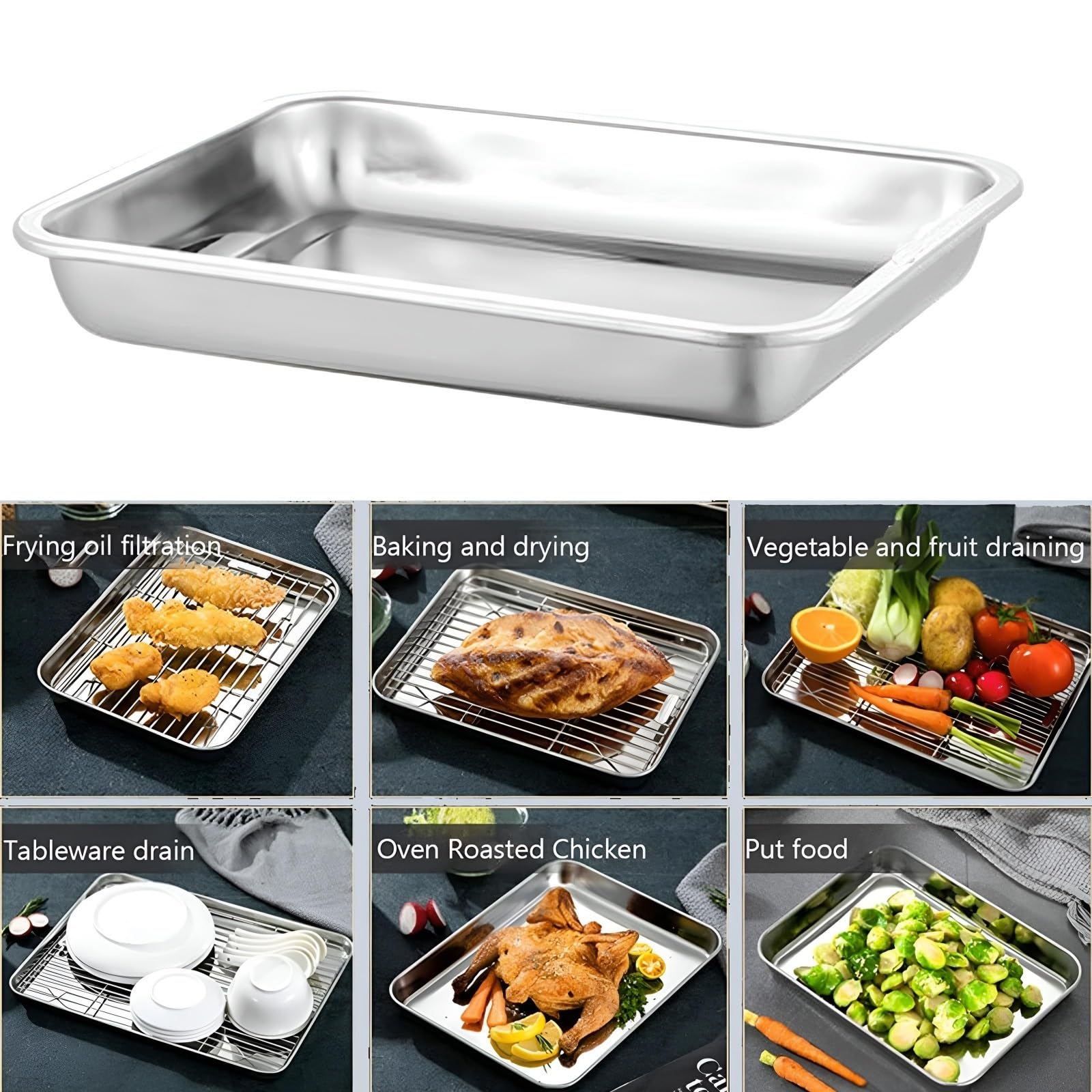 Bandeja de horno de acero inoxidable, molde rectangular para hornear, 2 bandejas para hornear, asar, servir, no tóxico, saludable y fácil de limpiar (40 x 30 x 2 cm)