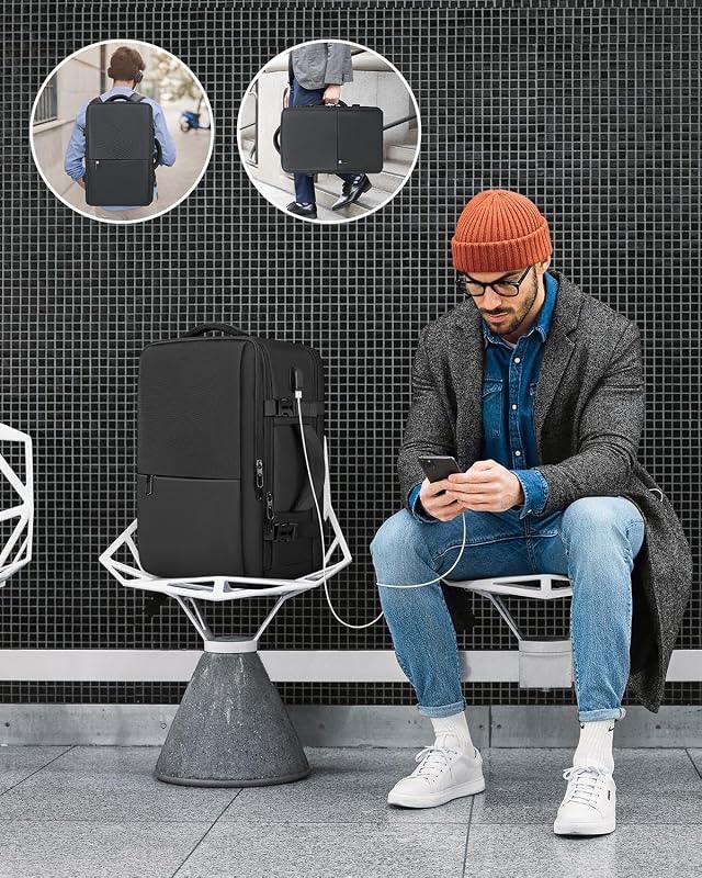 Besttravel Kézipoggyász Hátizsák 40x20x25 Ryanair Méret, 45L Utazó Táska USB Töltőporttal, Laptop Rekesz 15.6", Fekete