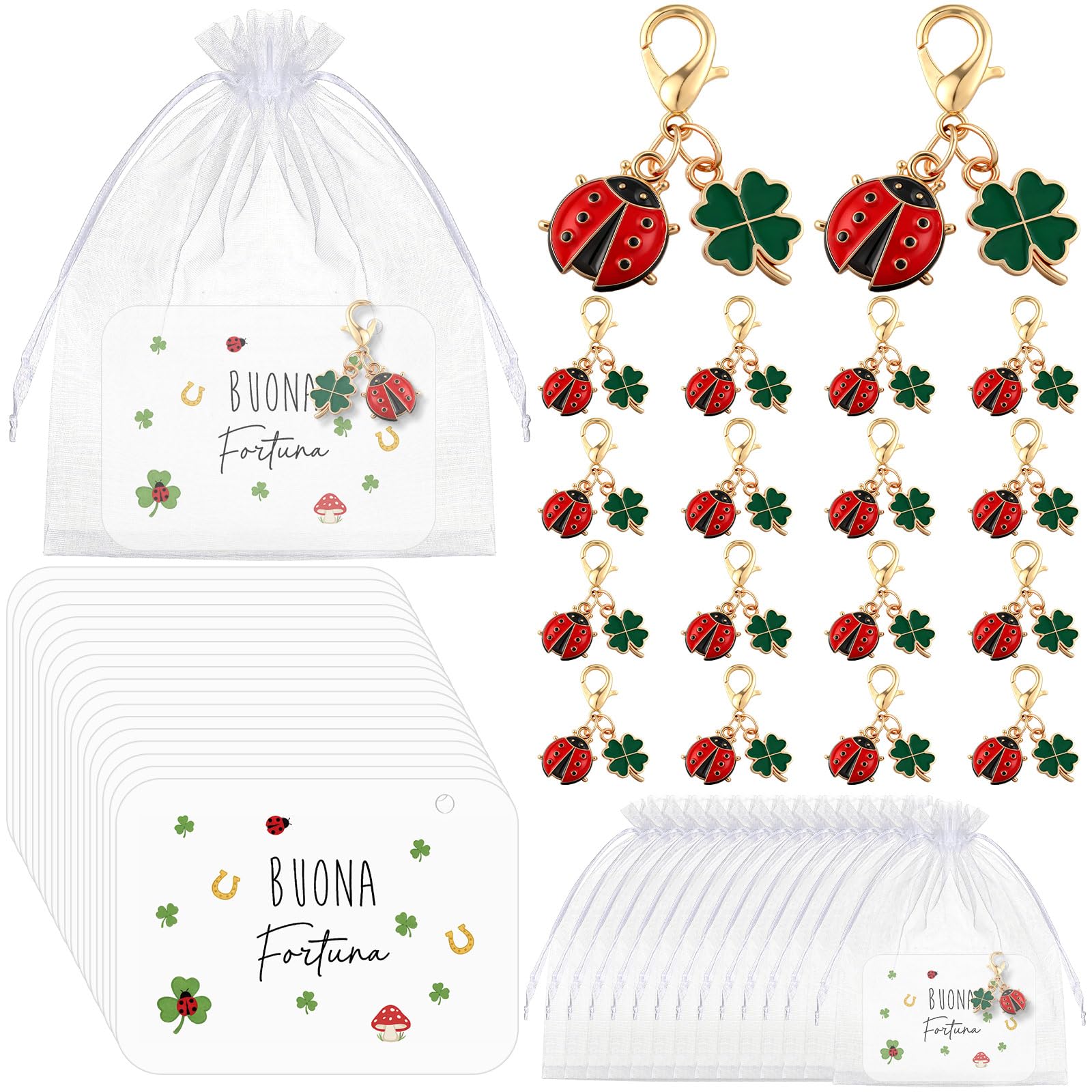 BBTO 18 Set Portafortuna 18 Portachiavi Ciondoli a Forma di Trifoglio e Coccinella 18 Biglietti Portafortuna 18 Piccoli Sacchetti in Organza Regalo per Esami Addio Compleanno Laurea