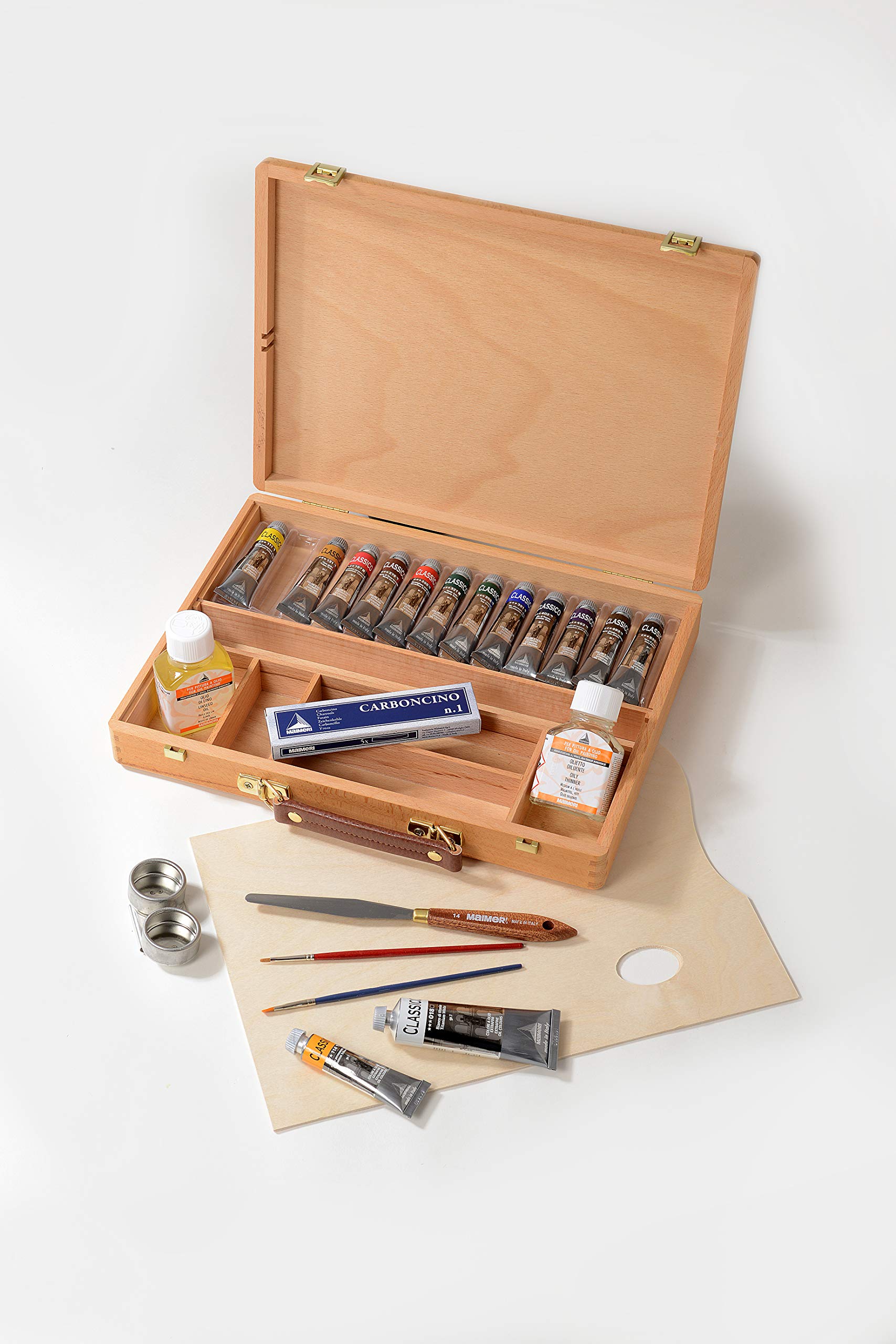 MAIMERI Classico, Künstler Ölfarbe, Studio-Malkasten aus Buchenholz, 14 Ölfarben und Zubehör, 22-teilig