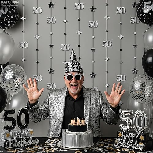 Miniatura 5 de KatchOn, Decoraciones plateadas para cumpleaños n. 50, guirnalda de cumpleaños 50 de 9 cuerdas, 6 pies, sin serpentina colgante para fiesta de 50