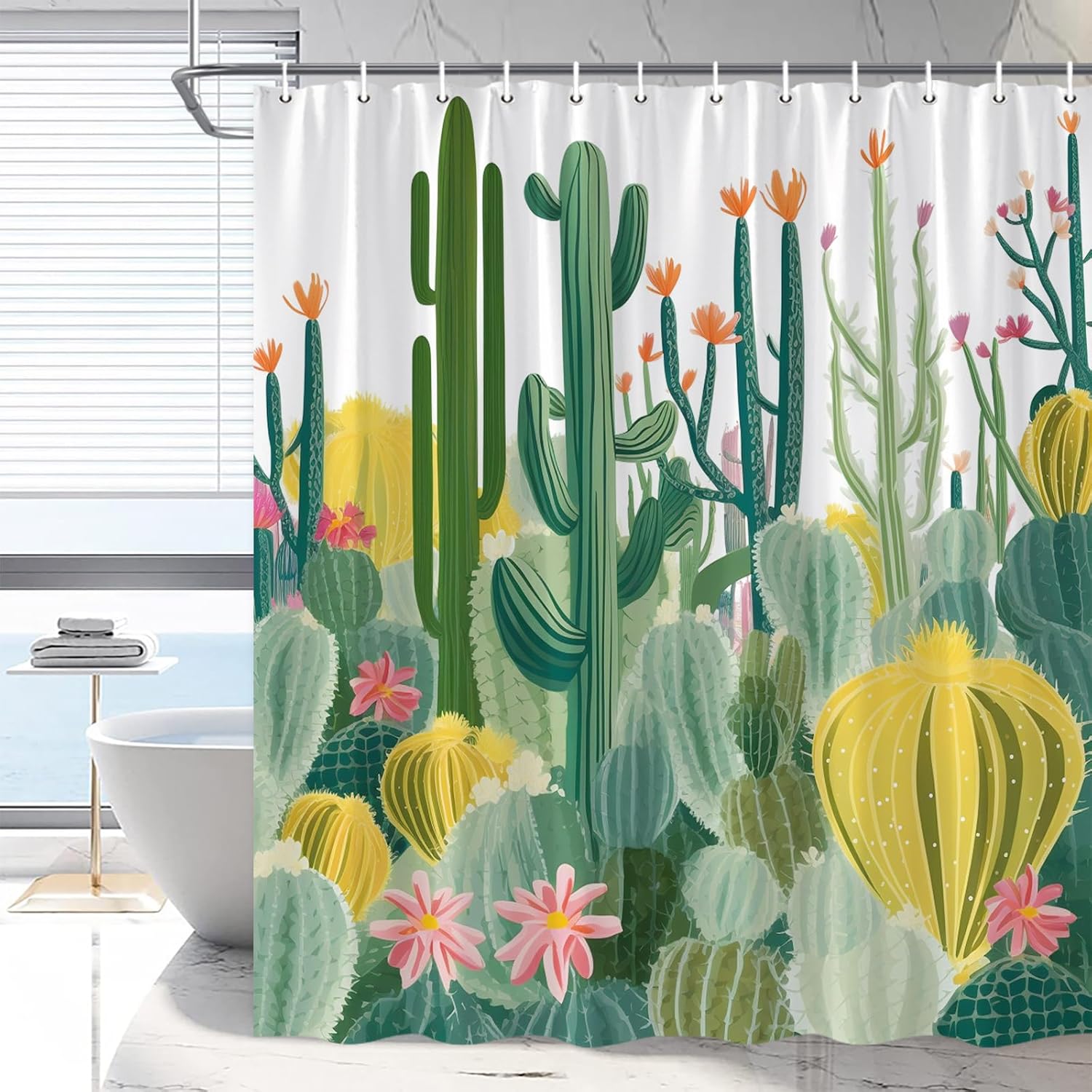 Cactus Shower Curtain Plant Green Summer Spring White Background Watercolour Boho Tropical Plant Desert Flower Bathroom Decoration Polyester Waterproof Machine Washable with Hooks 108 x 70 in