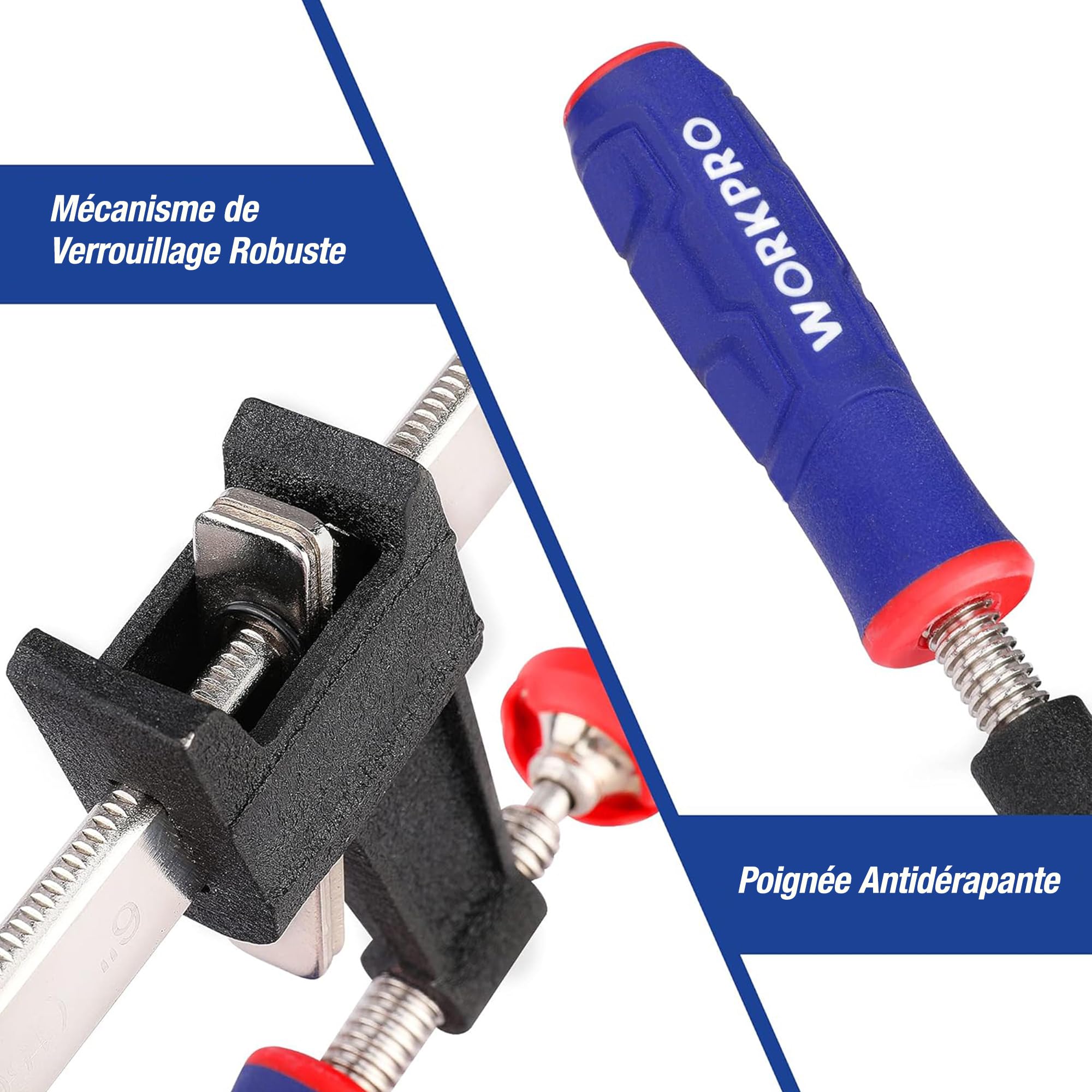 WORKPRO Jeu de Serre-joint Métallique à Libération Rapide 4 Pièces, Largeur de Serrage 300 mm et 150 mm, Force de Serrage Maximale de 272 kg pour Travail du bois, des Métaux et DIY