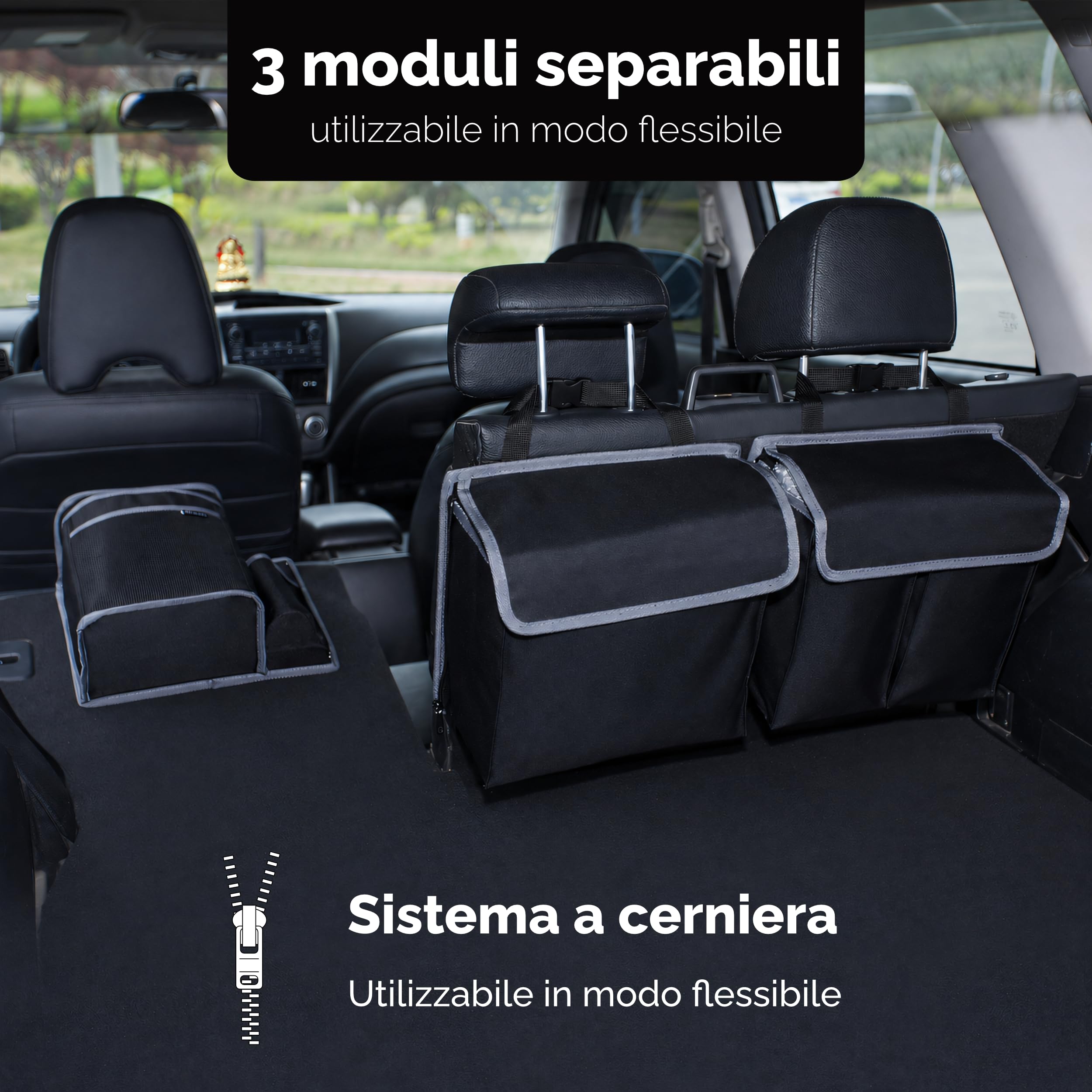 Vicera Organizer per bagagliaio con velcro – Grande tasca per bagagliaio Auto Organizer per SUV, station wagon, autobus, furgoni, auto grandi con moduli divisibili - Organizer per bagagliaio auto con