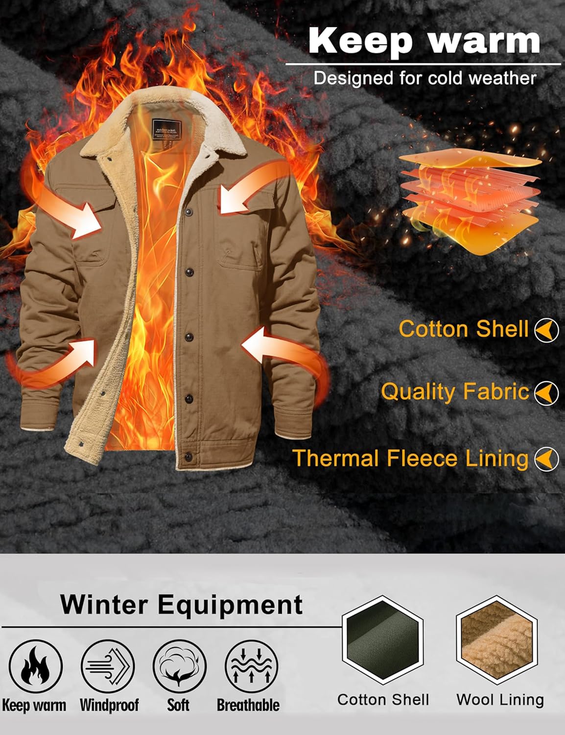 CRYSULLY Men's Winter Work Jacket Cotton Shell Fleece Lined Warm Casual Cargo Coat Outdoor Utility Jackets for Men - Image 4