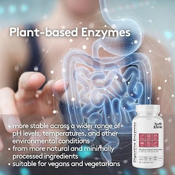 Youth & Tonic Digestive Enzymes with Amylase Bromelain Lipase Lactase Protease Papain - Advanced Digestion Plant Enzymes for Food Breakdown Gas Bloating Gut Health - Women & Men - 60 Vegetable Pills