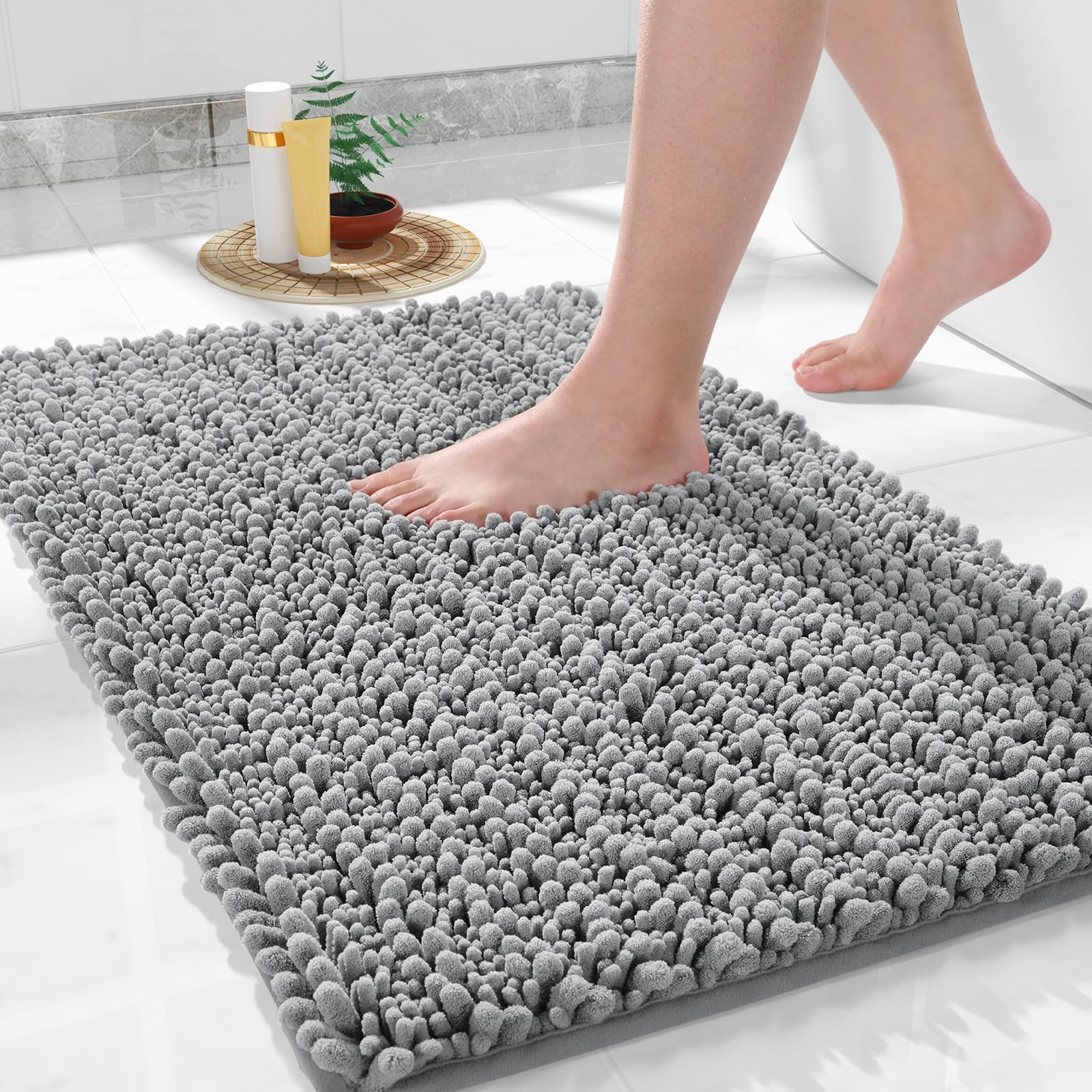 Yimobra Original Luxury Shaggy Bath Mat, 24 x 17 Inches, Soft and Cozy, Super Absorbent Water, Non-Slip, Machine-Washable, Thick Modern for Bathroom Bedroom, Gray