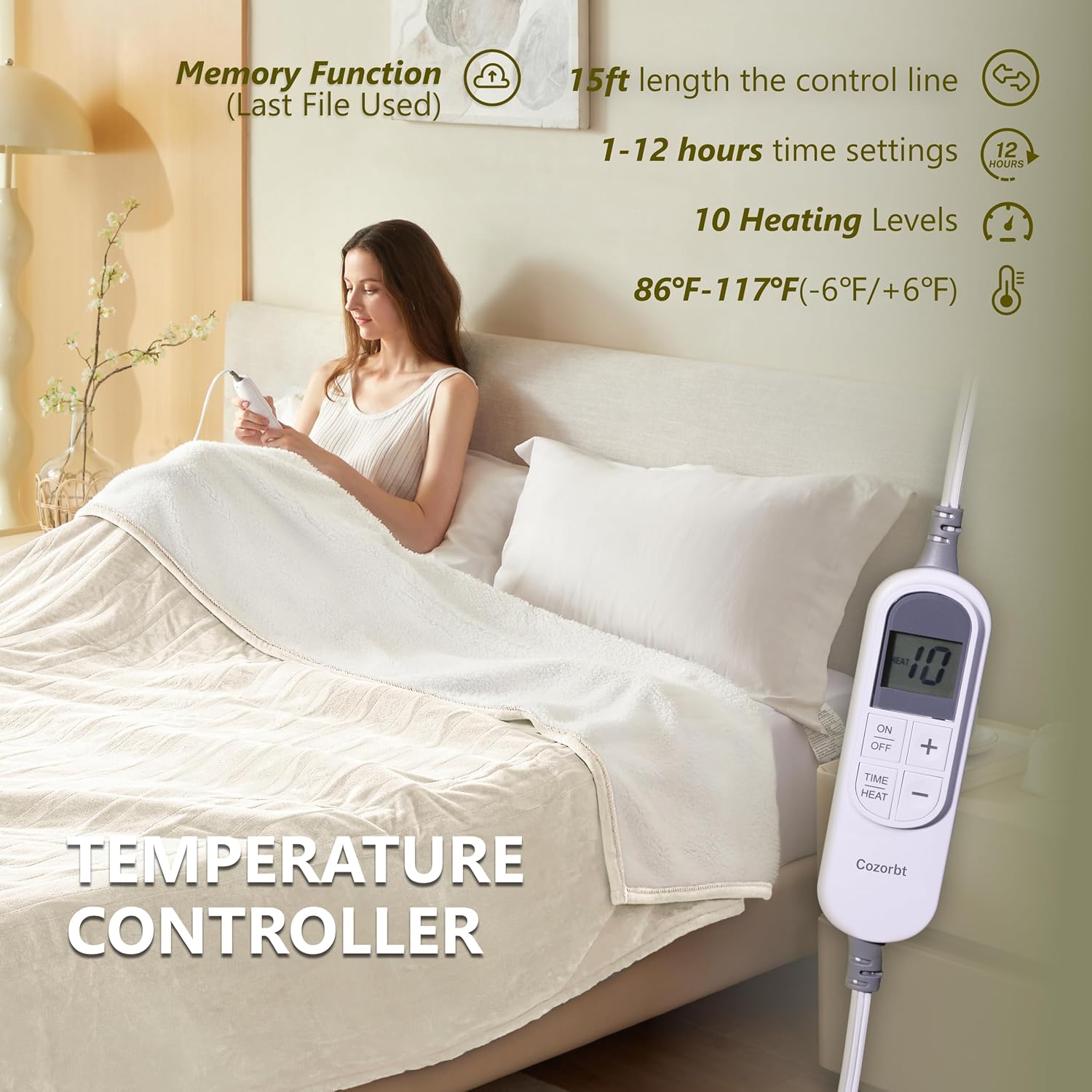 Heat Blanket 50”x60” Throw,Soft Flannel & Sherpa Reversible Electric Blanket with 10 Heat Settings,12 Timer Setting and 3 Hours Auto-Shut Off,ETL Certified Machine Washable,Ivory - Image 5