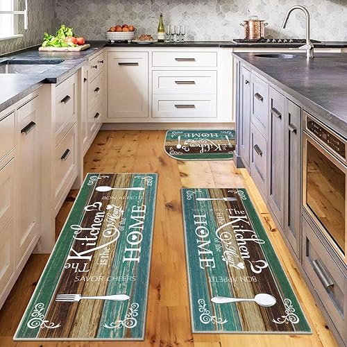 Vaukki Boho Kitchen Rug Sets 3 Pieces, Washable Kitchen Mats for Floor, Non Slip Soft Kitchen Area Rug Floor Mat for Kitchen, Laundry Room and Hallway (Teal, 18''x30''+20''x47''+20''x59'')