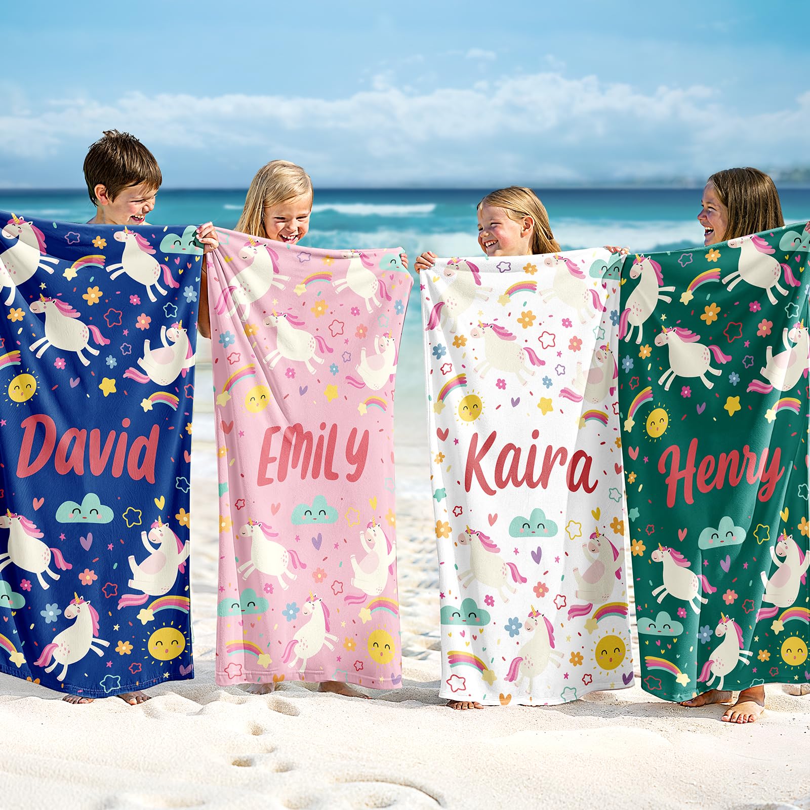 Infiher Personalised Beach Towels for Kids,Custom Kids Monogrammed Unicorn Towels with Name,Customised 280gsm-420gsm Thick Soft Absorbent Beach Towel for Swim,Bath,Pool,Vacation,Gifts,Girls