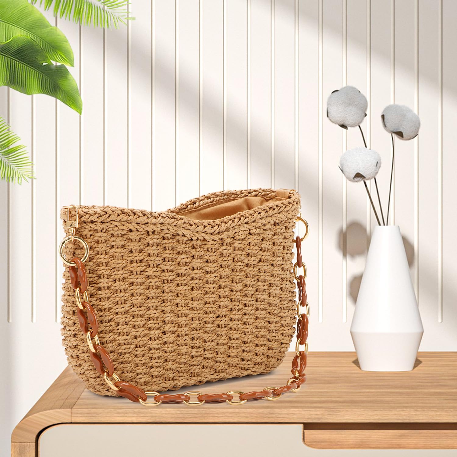 SUKUTU Borsa a Tracolla in paglia Intrecciata per Donne Borsa estiva da Spiaggia Borsetta Crossbody Satchel a Catena