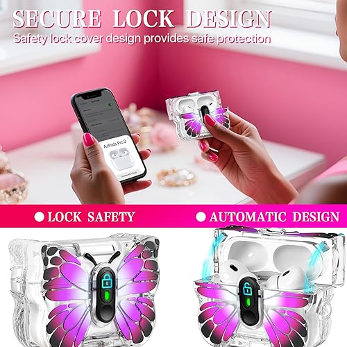 Miniatura 2 de R-fun Funda para AirPods Pro 2 Butterfly Artistry - Tapa desplegable automática y función de soporte, protección de grado militar de 360 con hermosa