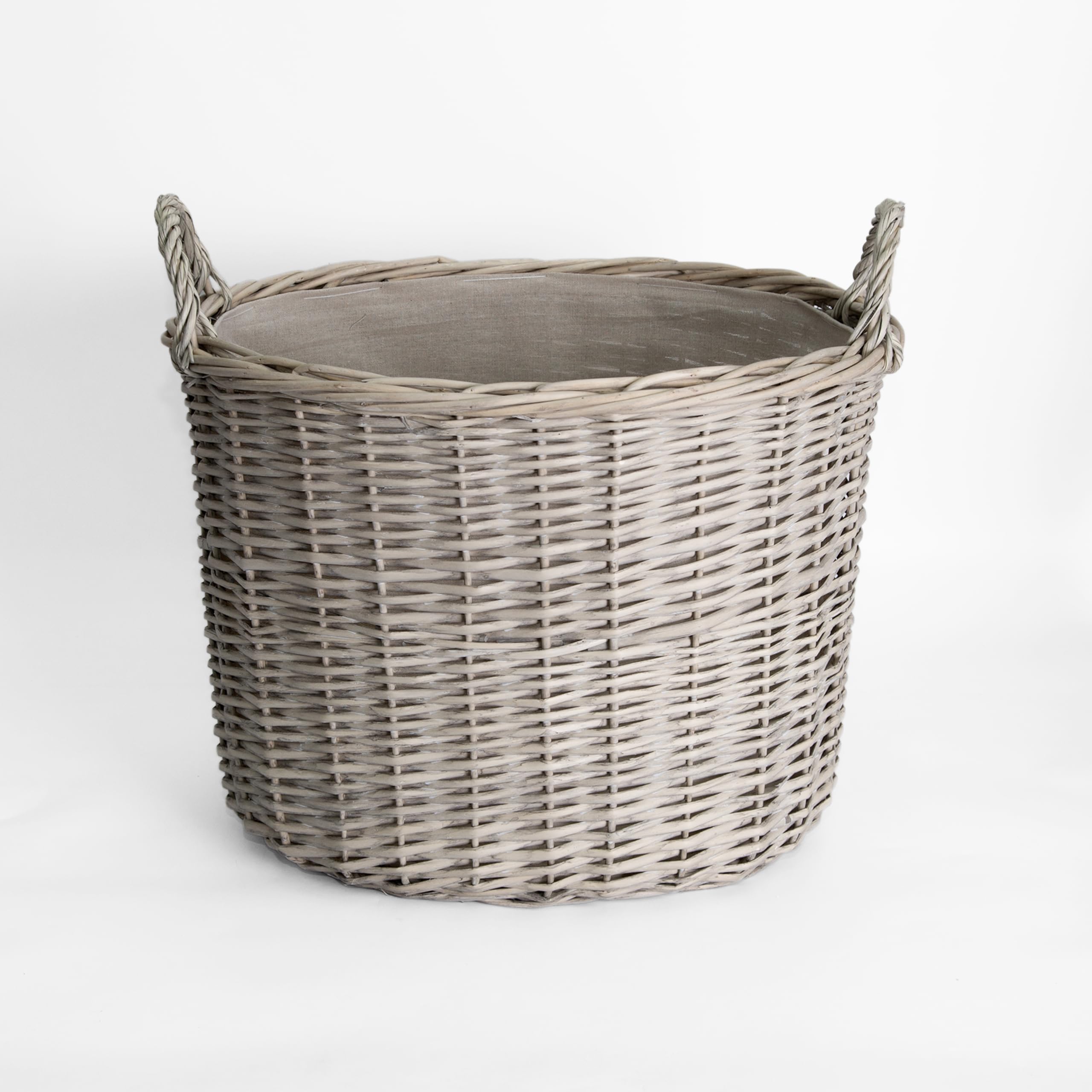 Wickerfield Grey Wash Wicker Storage Basket, Wicker Log Baskets With Handle & Lining, Willow Storage Basket For Laundry Toys Blankets Logs (Oval, Large)