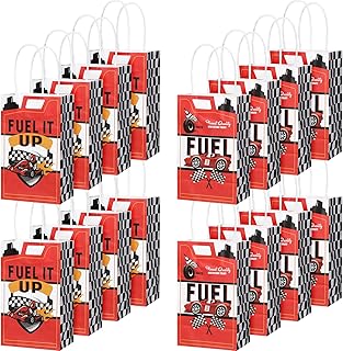 Pajean 16 Pieces Race Car Fuel Treat Bags Boxes Racing Car Party Goodie Bags Wrap Paper Bags with Handles Birthday Party Decorations Baby Favors Supplies Gifts