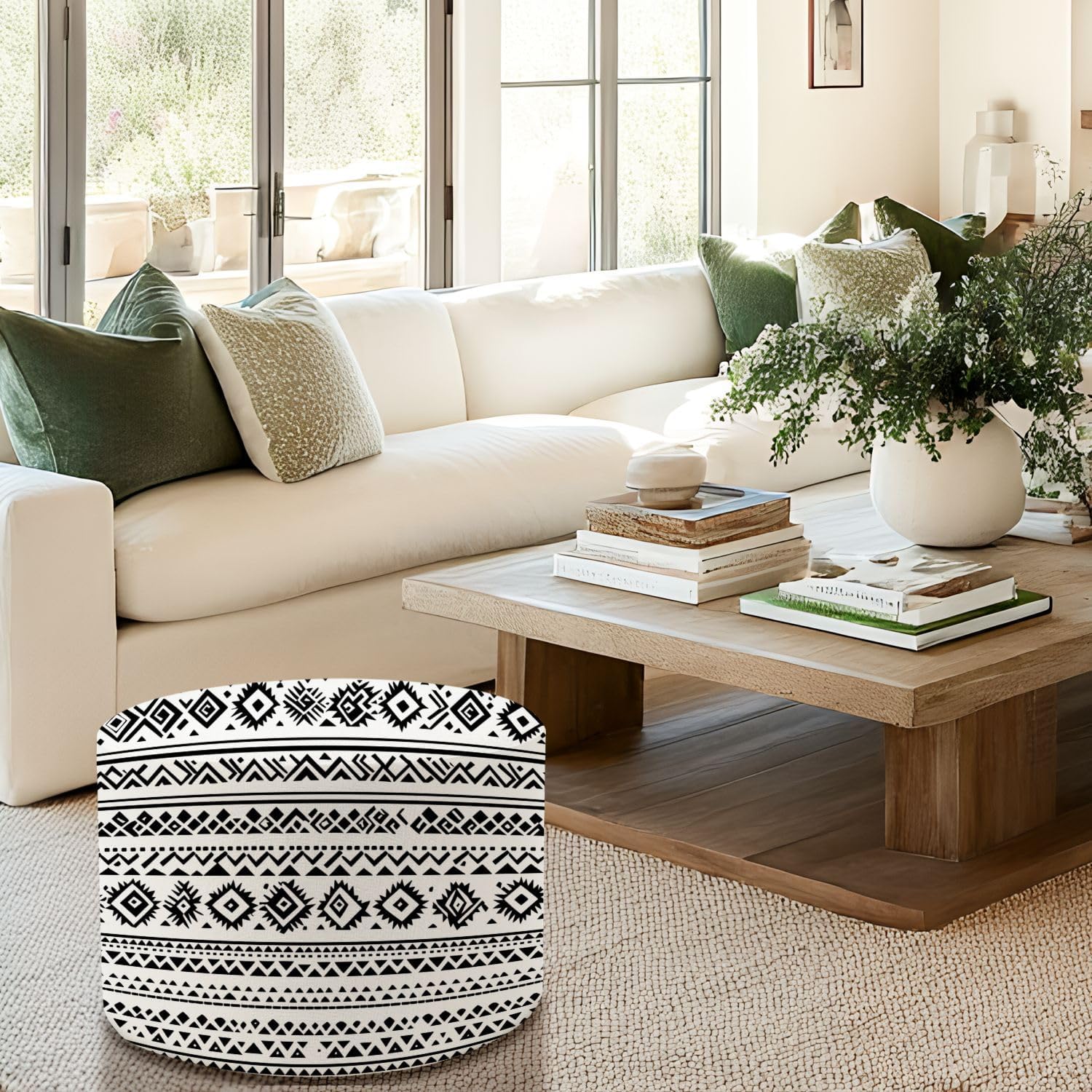 Round Pouf Ottoman Aztec Seamless Ethnic Pattern Texture Foot Stool Foot Rest Floor Stool Bean Bag Chair Cotton Linen Removable Indoor Outdoor for Living Room Bedroom