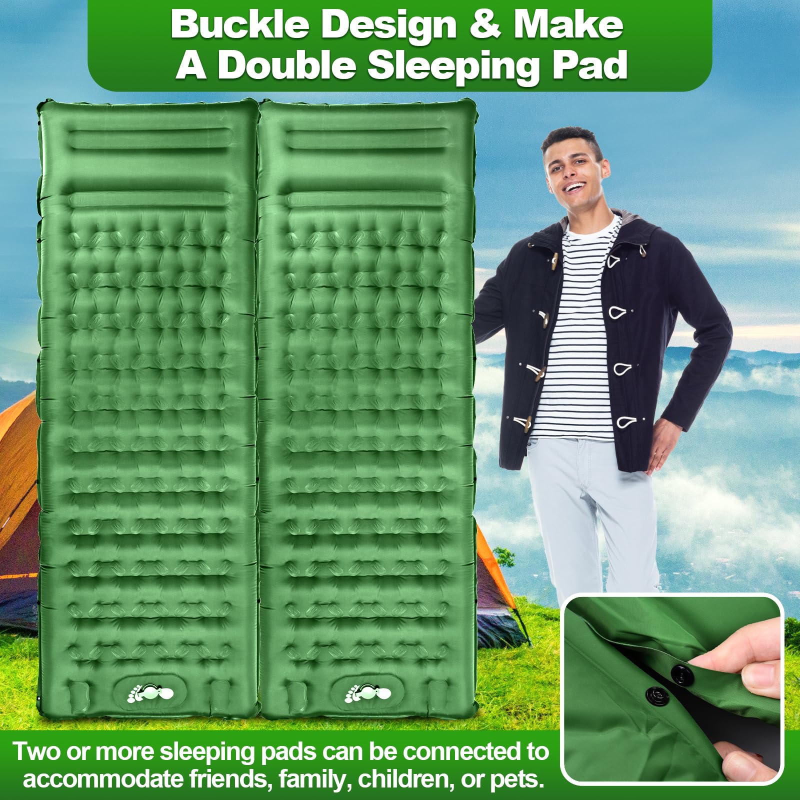 Colchón Hinchable para Camping, Colchon Ultraligera, Esterilla Camping con Bomba de Pie, Colchoneta Inflable para Viajes, Exteriores, Senderismo, Mochilero-Verde