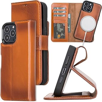 Bayelon Case for iPhone 13 Pro Max, Full Grain Leather Wallet Case, [2in1], Detachable Magnetic Flip Cover with Card Slots, Kickstand, MagSafe Compatible Rustic Tan
