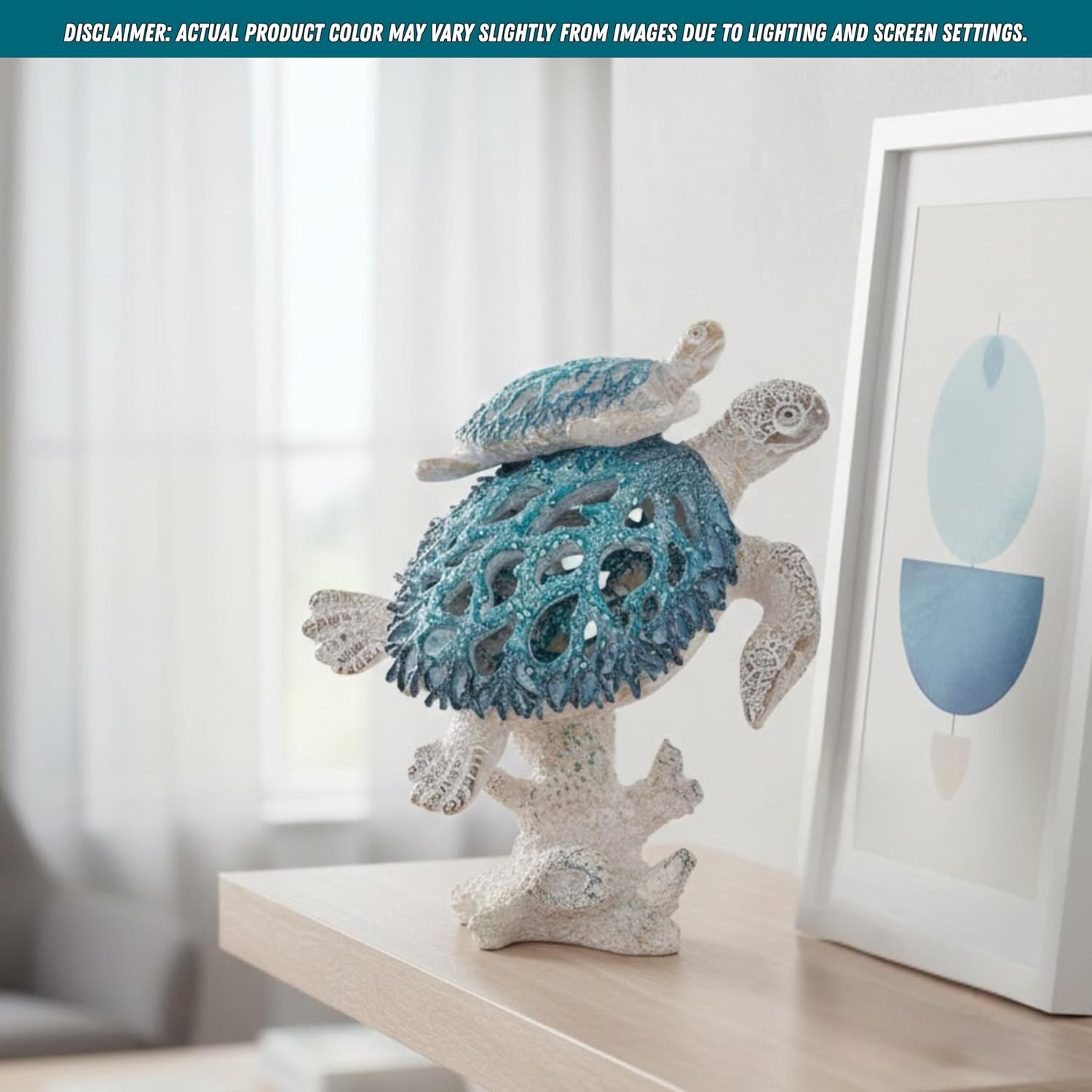 Coastal Sea Turtle Figurine Mama and Baby Swimming on Coral Reef Base Coastal Tabletop Decor Nautical Room Accents