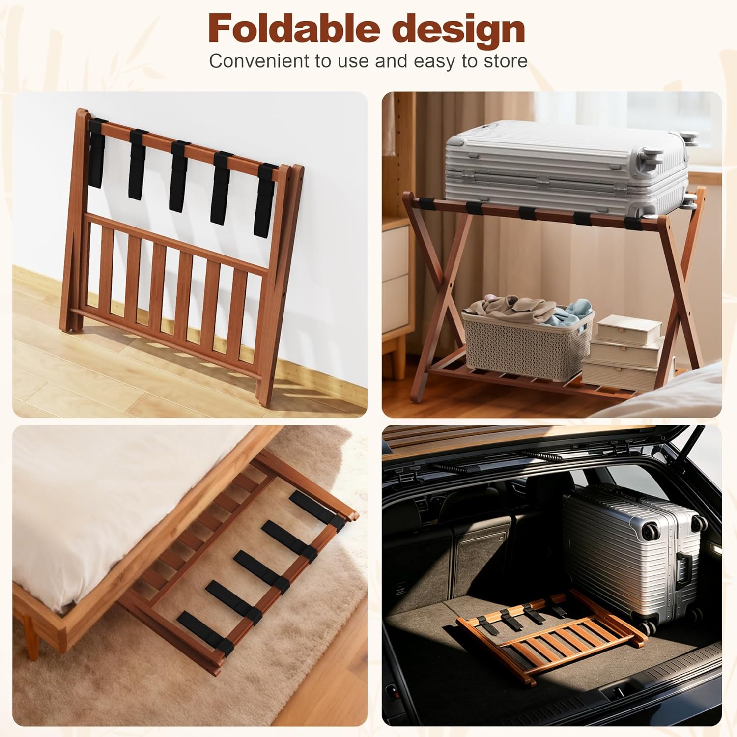 26.77"L Luggage Rack, Walnut Luggage Rack for Guest Room, Bamboo Folding Suitcase Stand with Storage Shelf, 5 Nylon Straps, Heavy Duty Luggage Holder for Bedroom Hotel, 1 Pack, Gift Box Packaging