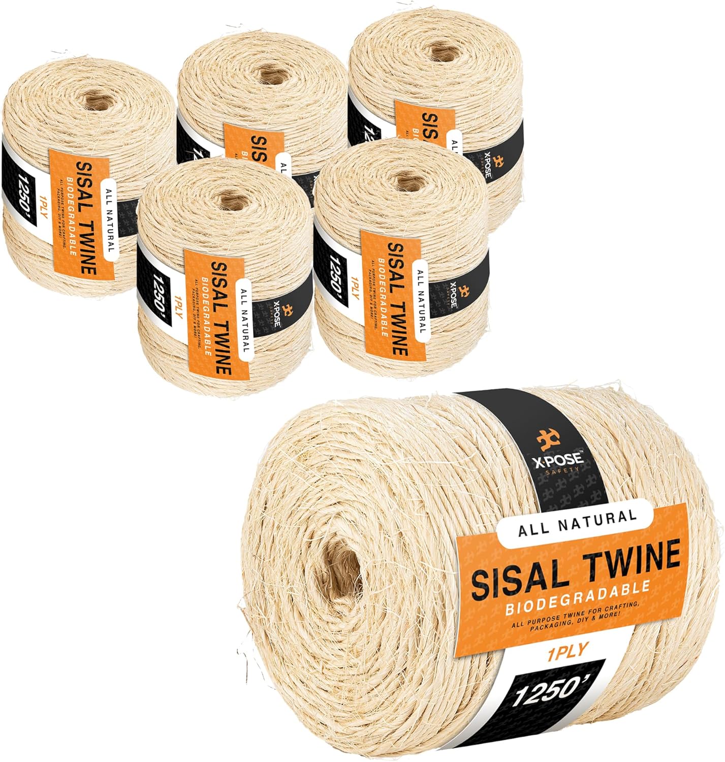 Sisal Twine - 1 Ply Thin Natural Fiber Rope on Spool - Rope for Cat Scratching Post, Cat Tree Replacement Parts, Pet Toy - Decorative Cordage, Pole Wrap, Pack of 2 (1250 Ft.)
