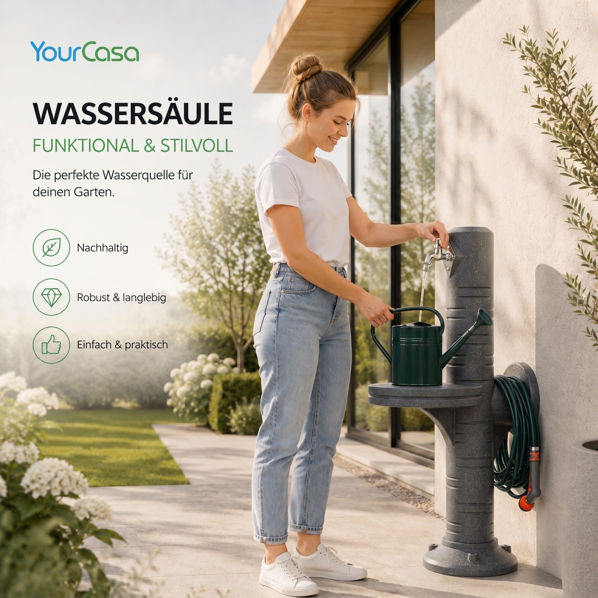 YourCasa AquaPost Wassersäule Garten mit Ablagestellfläche & Schlauchhalterung – Zapfsäule | Wasserzapfsäule | Zapfstelle Garten | 1/2" Wasserhahn Chrom | Made in Europe