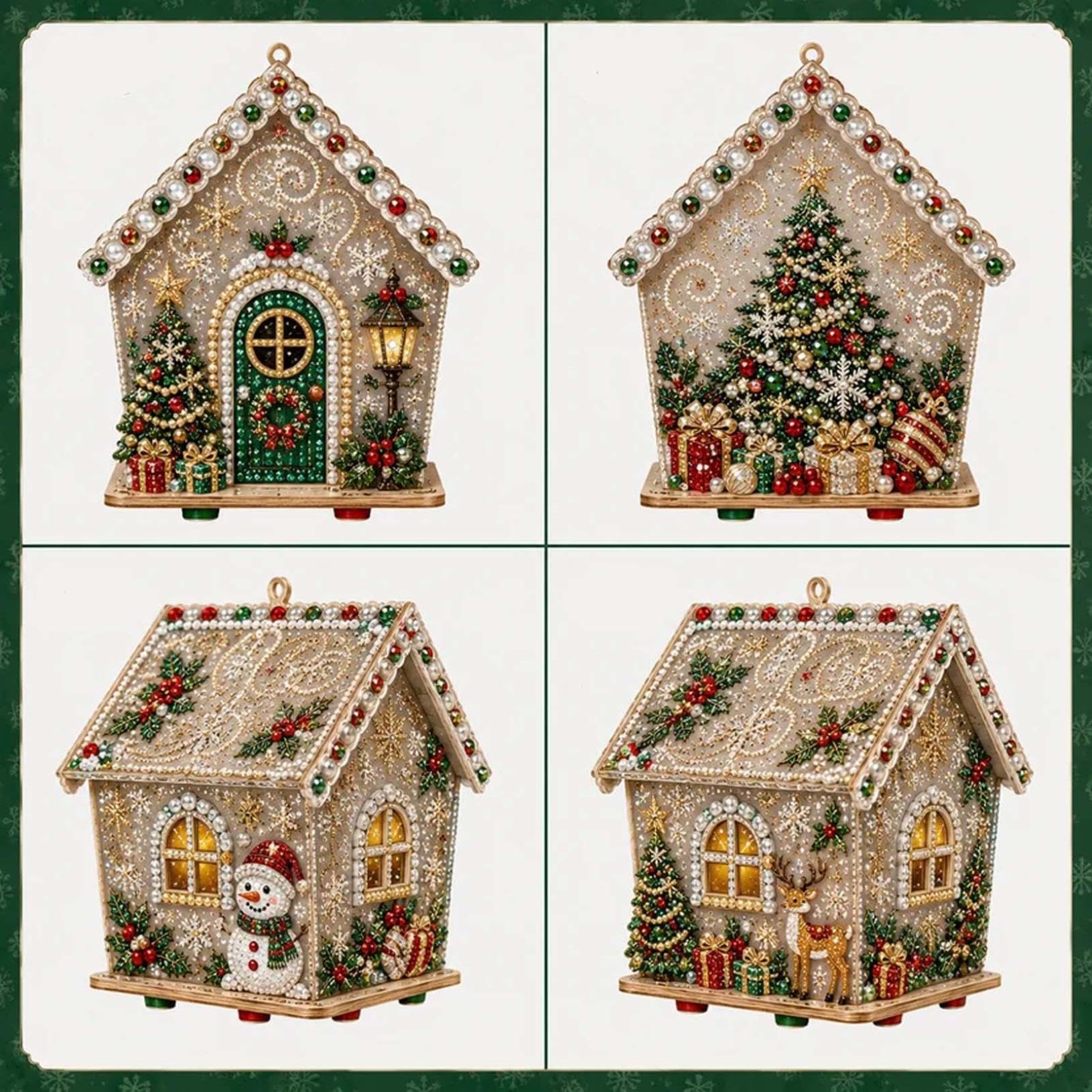 Christmas Wooden House Pearl Art Craft Kit, Festive Snowman Santa Reindeer Pattern Handmade Ornaments, DIY Pearl Bead Craft Set for Indoor Wall Hanging, Tabletop Home Decoration (D)
