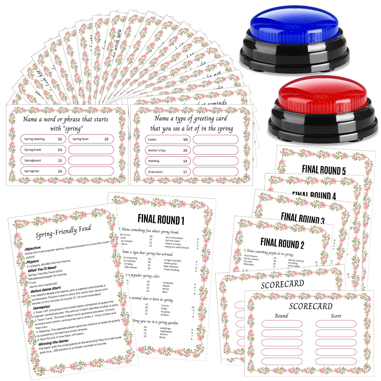 Juego de feudo amigable con la primavera con zumbadores de 2 respuestas, tarjetas de enemistad florales para juegos familiares, diversión nocturna, cuestionario de trivia para fiestas, oficina