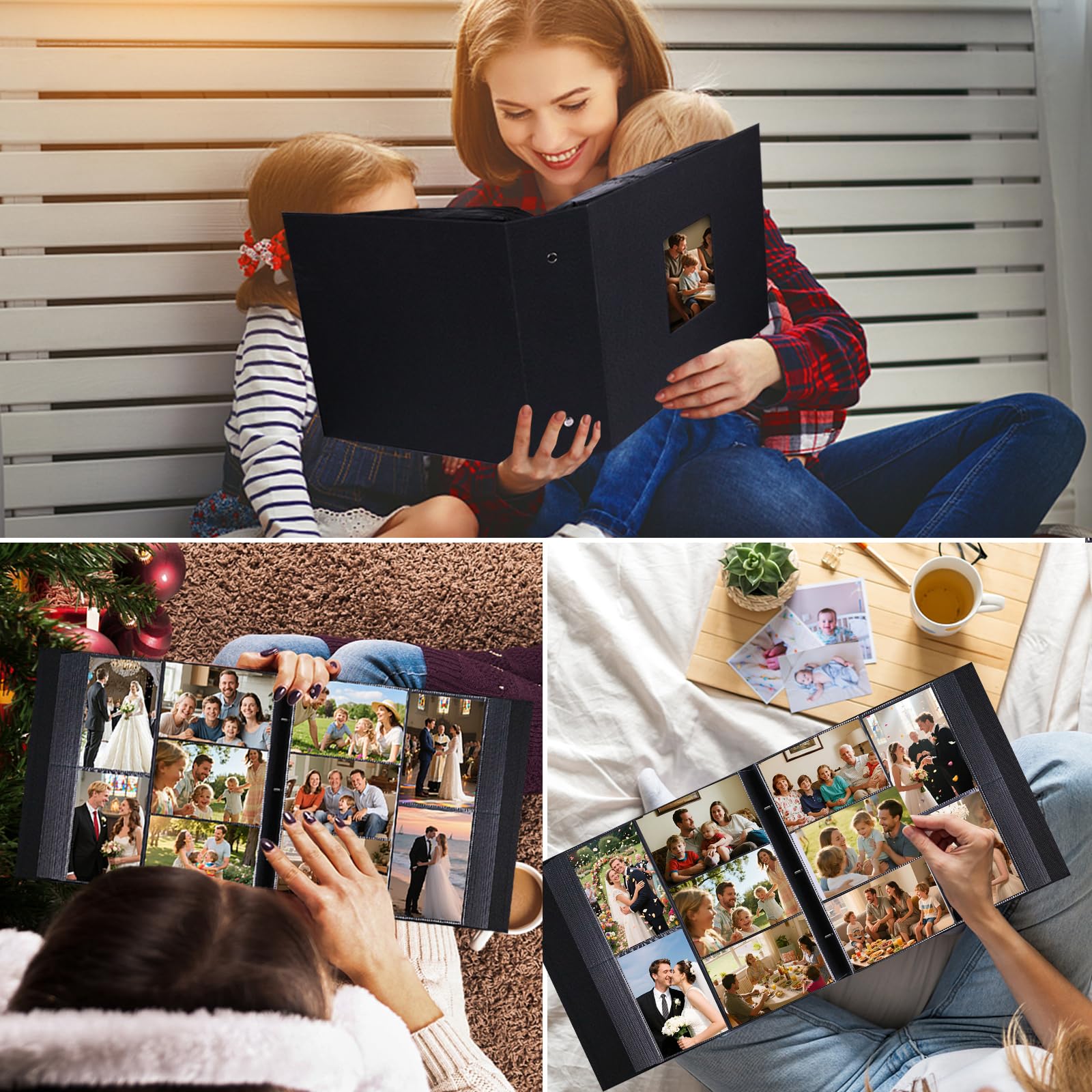 Ruibytree Album Photo Pochettes 10x15 pour 1000 Photos, Extra Grand Format, Couverture en Lin avec Fenêtre Avant, Accueille Photos Horizontal et Vertical, Idéal pour Famille, Mariage (Noir)