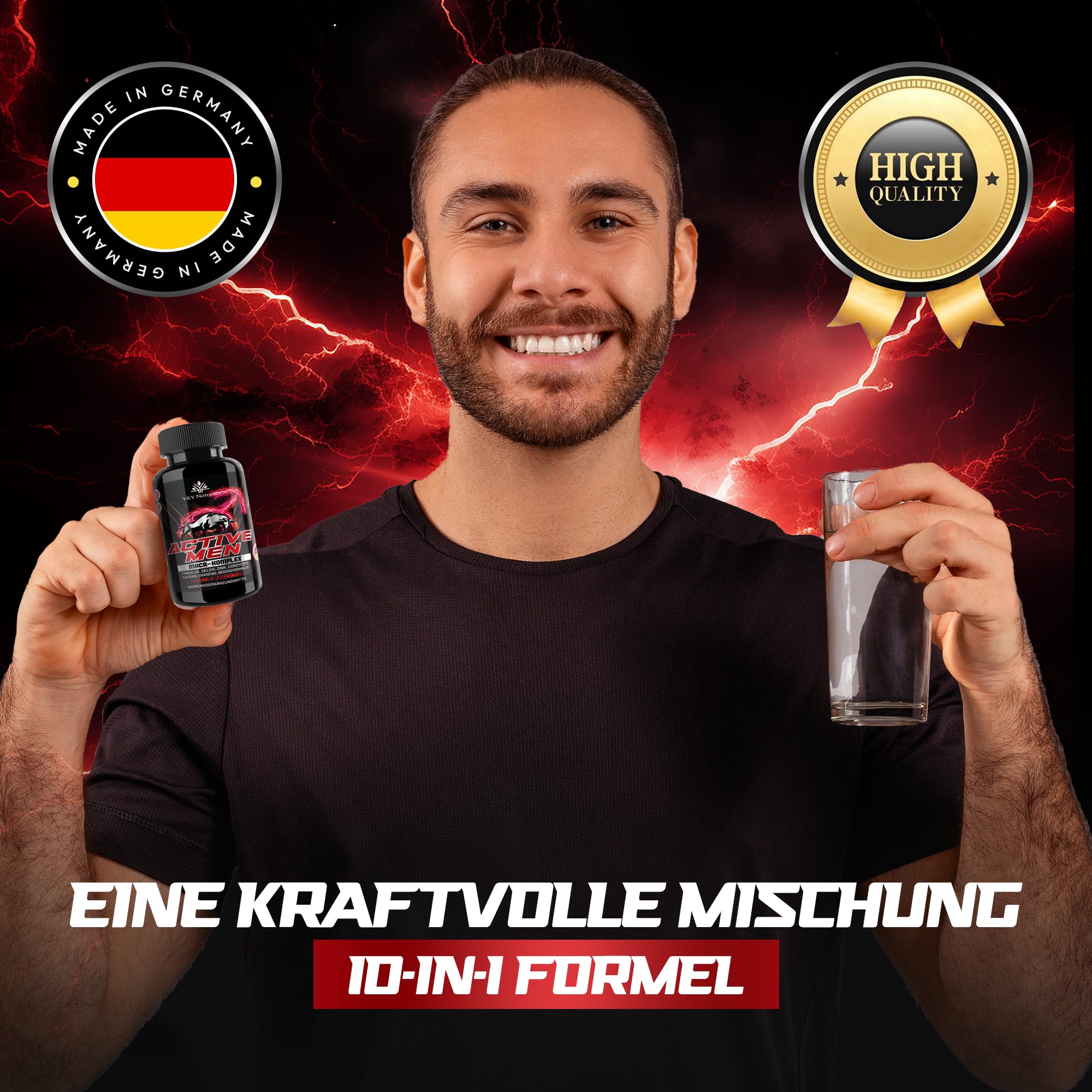 Männer Testosteron¹ Kapseln – 10-in-1 Komplex mit Maca 20:1, Tribulus, Bockshornklee, Zink, Selen & Safran | Active Men | Vegan, Laborgeprüft, Made in Germany | Alternative zu Ashwagandha